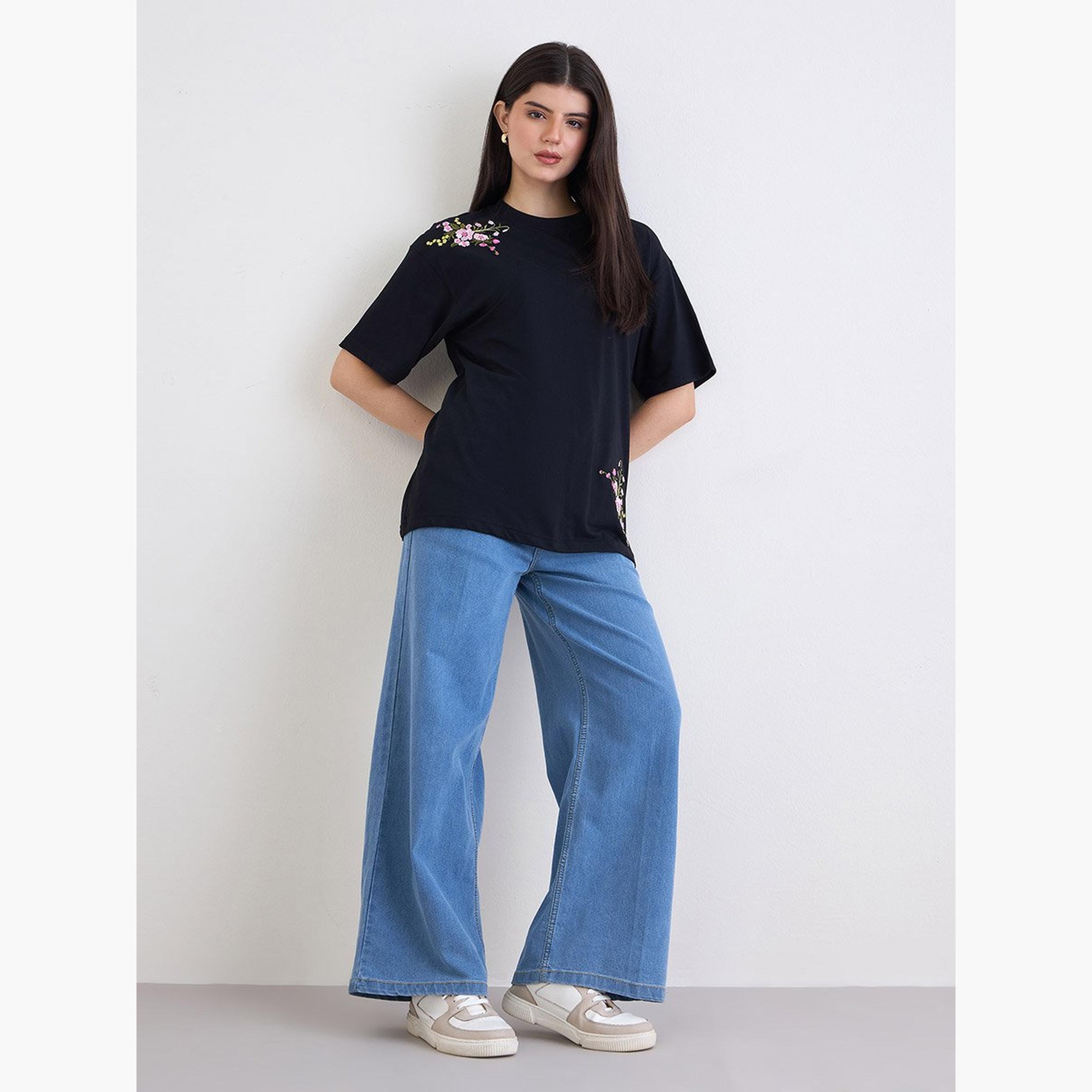 Styli Black Embroidered Panel Oversized T-Shirt-women-clothing-tshirts-image-2