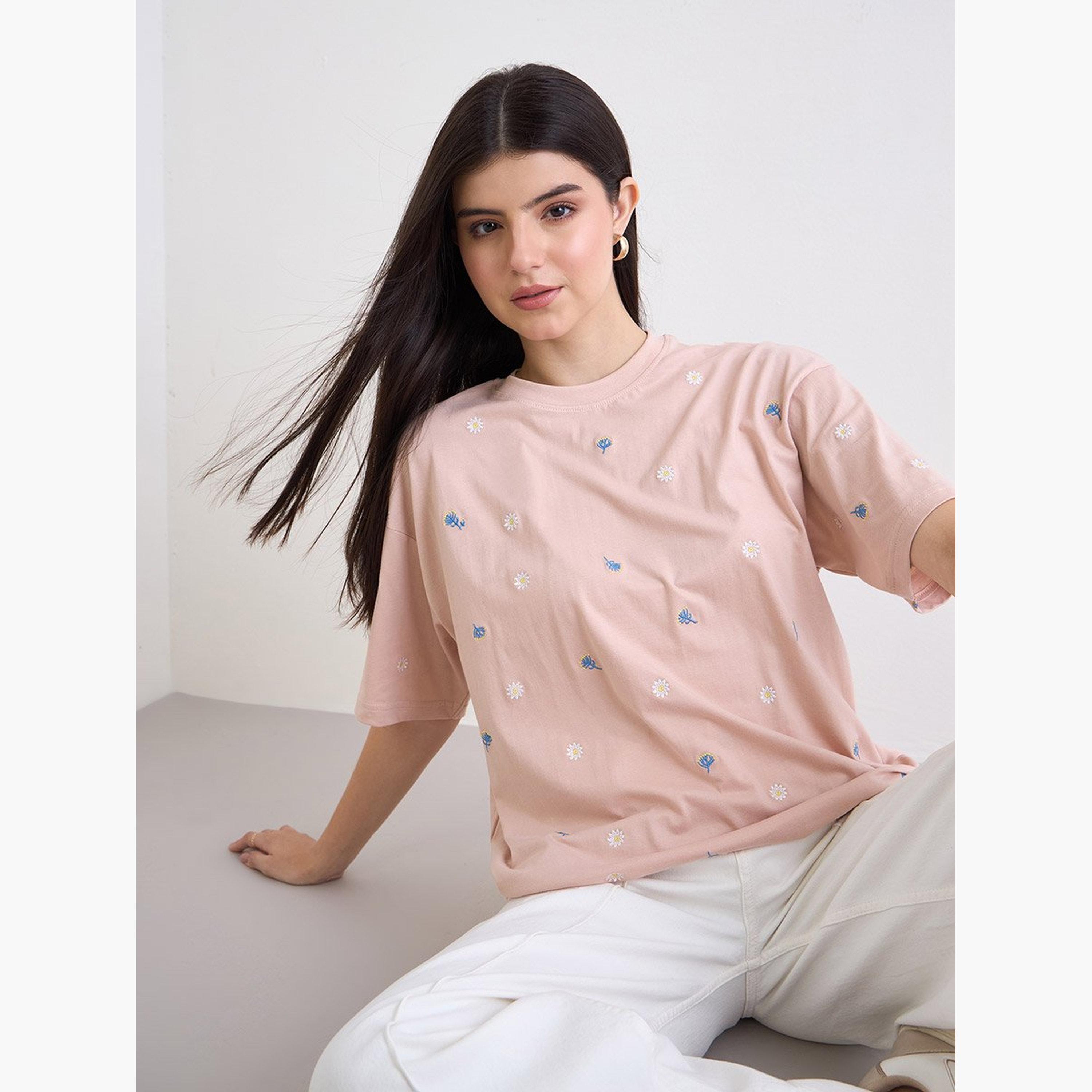 Styli Light Pink Embroidered Oversized T-Shirt-women-clothing-tshirts-image-3