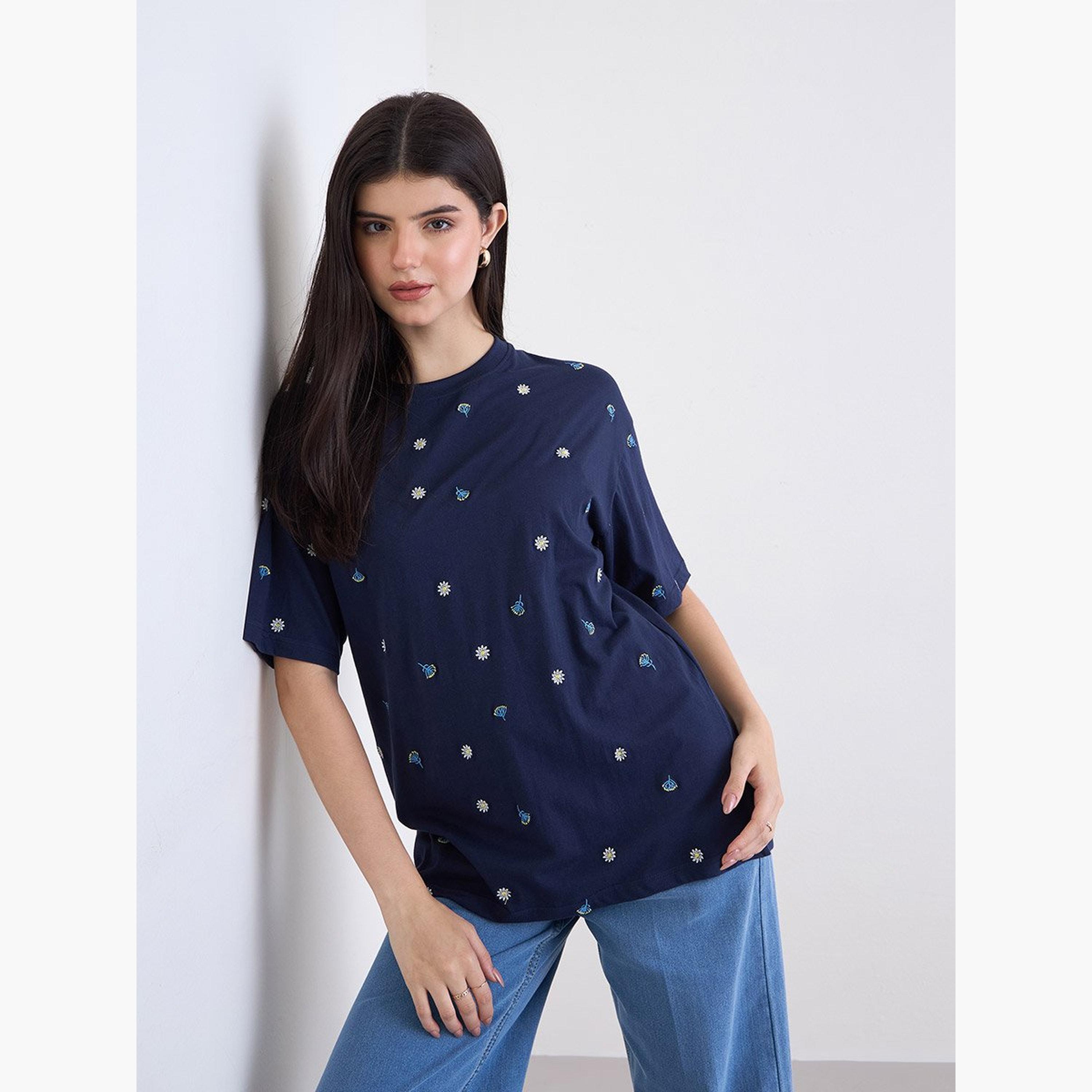 Styli Navy Blue Embroidered Oversized T-Shirt-women-clothing-tshirts-image-1