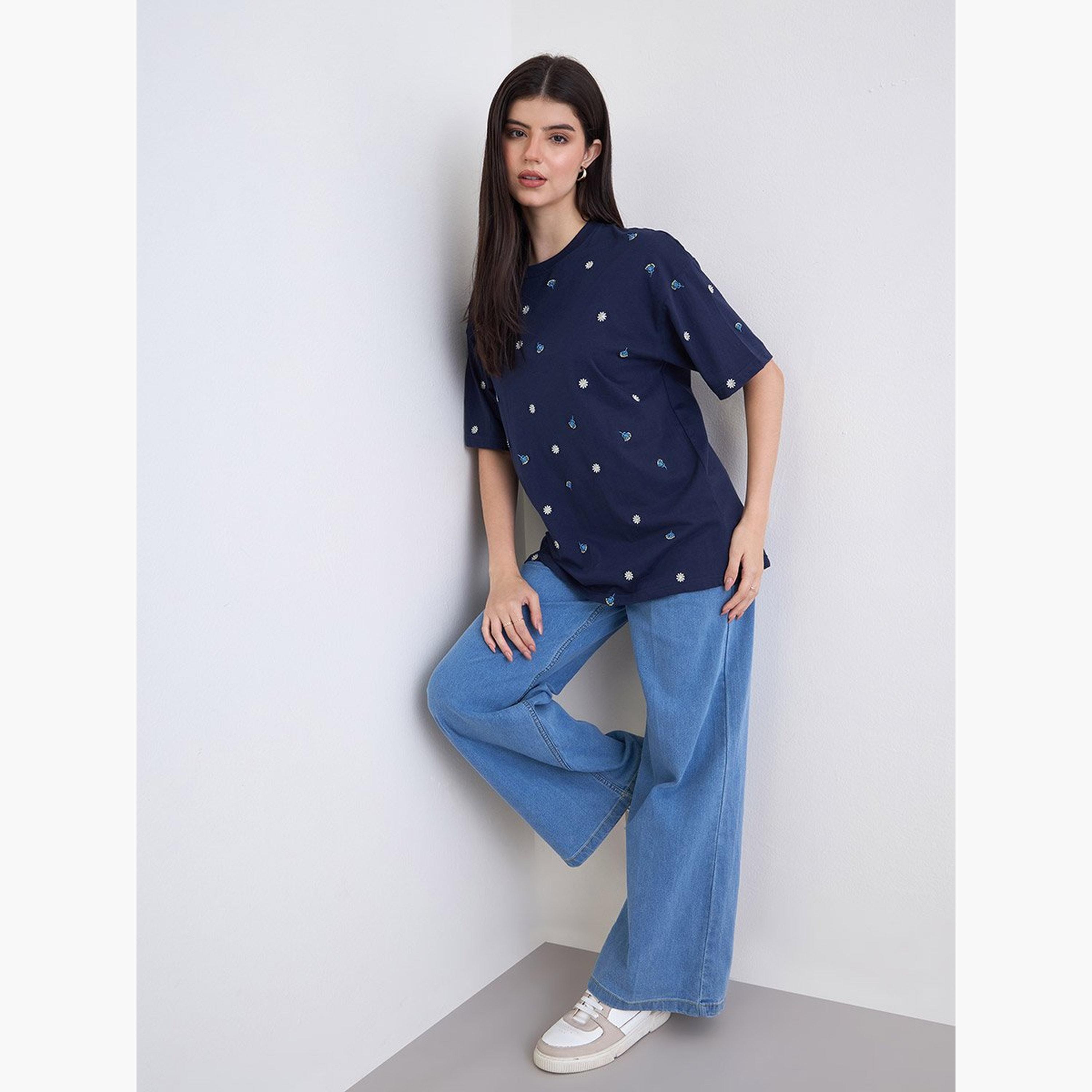 Styli Navy Blue Embroidered Oversized T-Shirt-women-clothing-tshirts-image-2