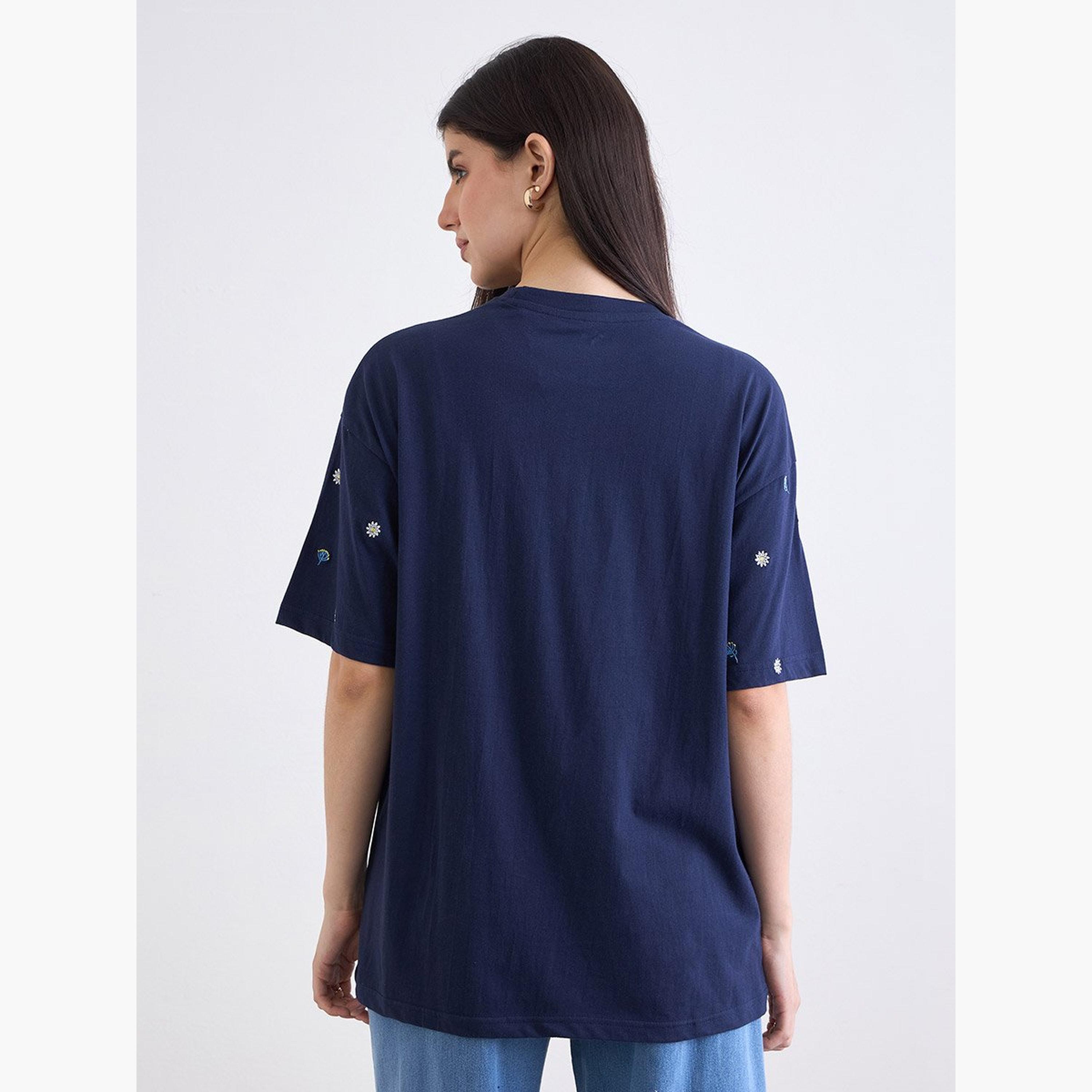 Styli Navy Blue Embroidered Oversized T-Shirt-women-clothing-tshirts-image-5