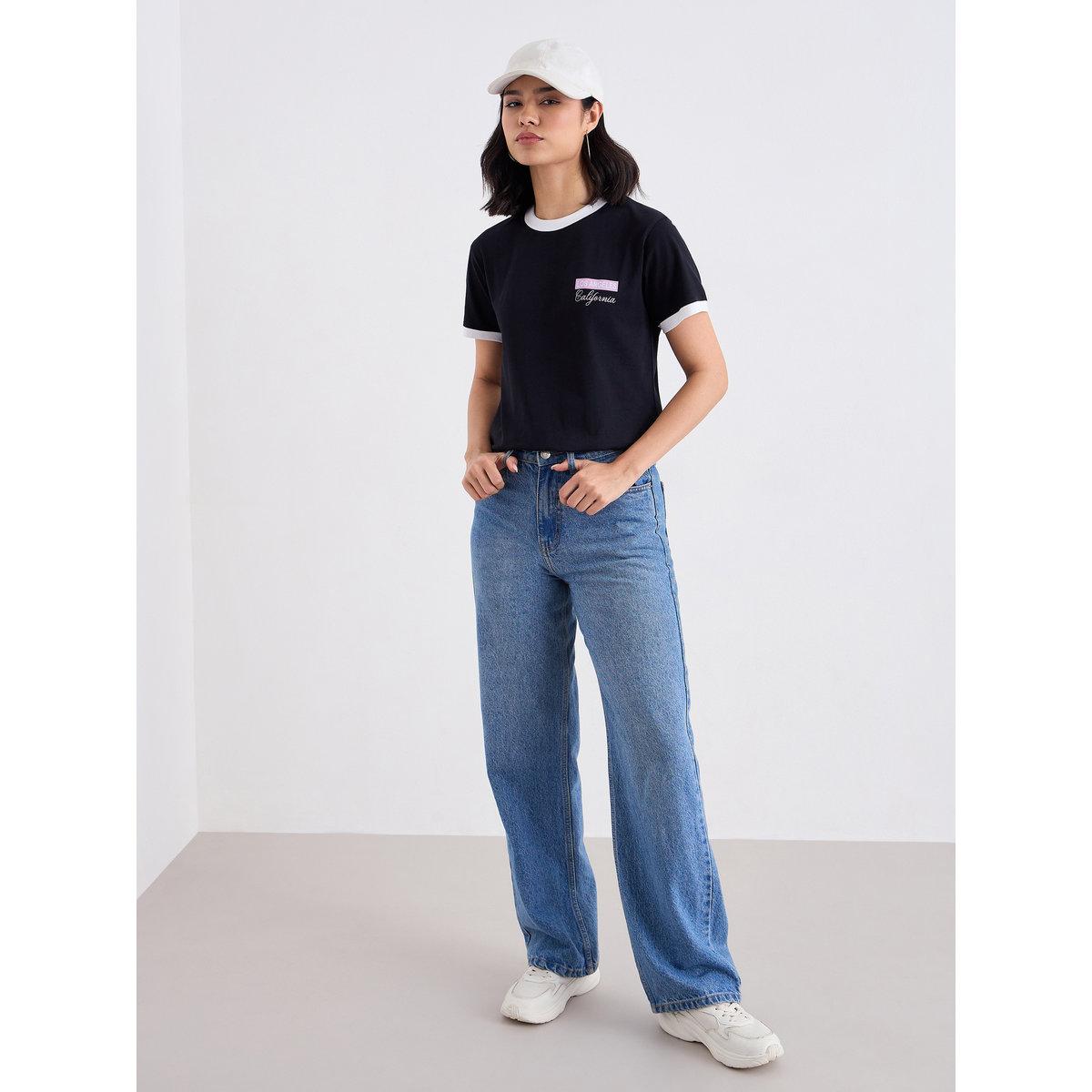 Styli Slogan Print Contrast Trim Round Neck T-Shirt-women-clothing-tshirts-image-1
