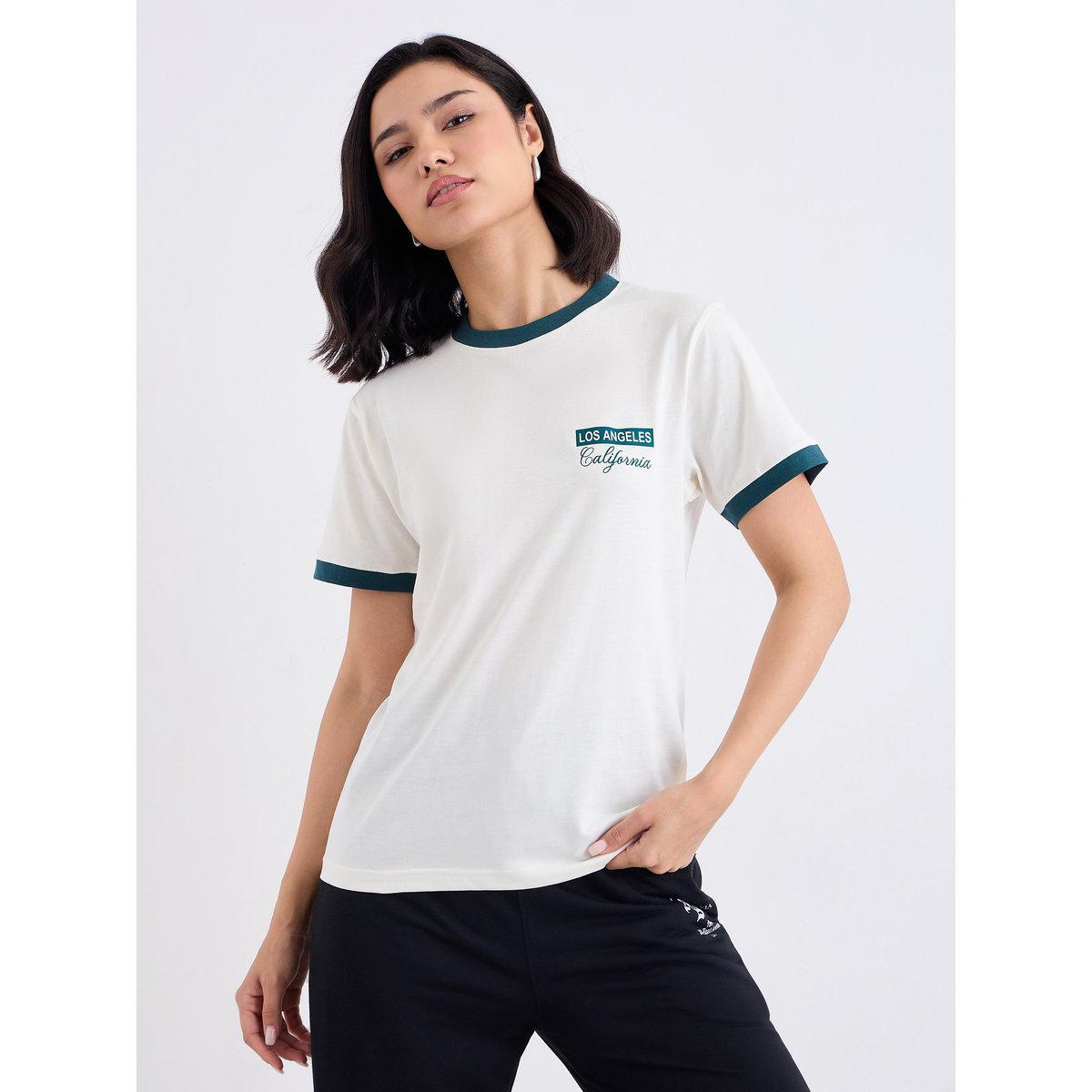 Styli Slogan Print Contrast Trim Round Neck T-Shirt-women-clothing-tshirts-image-2