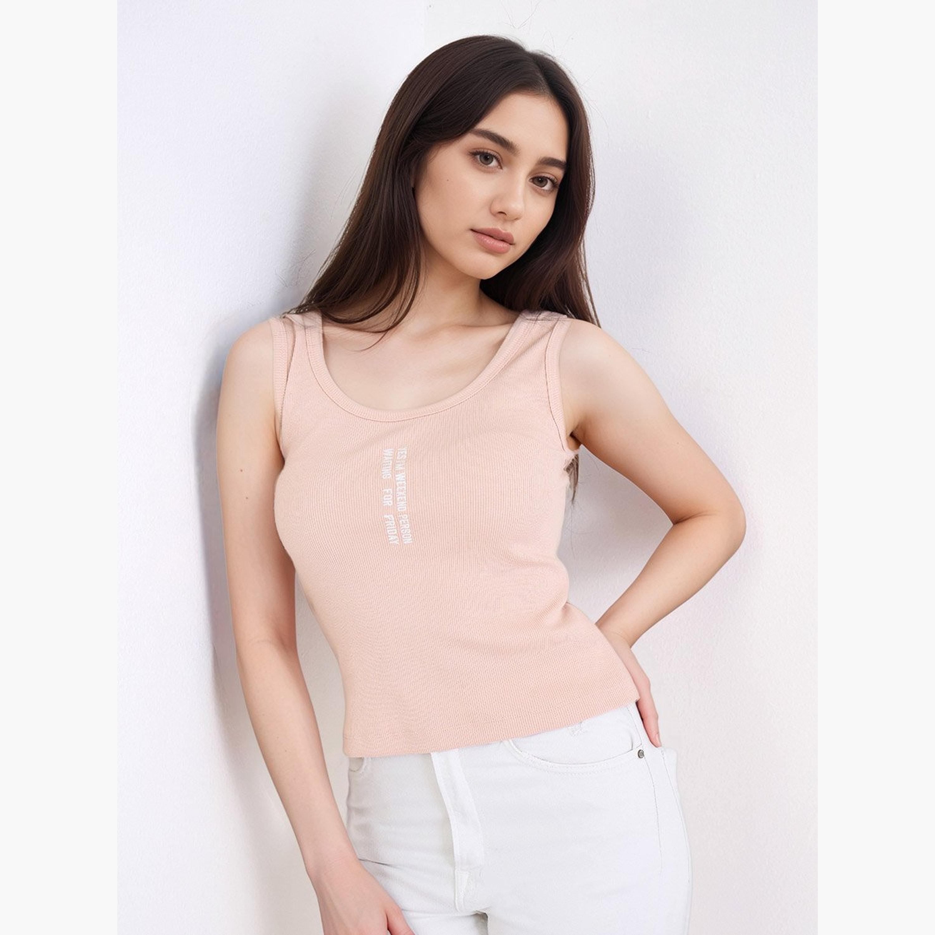 Styli Peach Fitted Embroidered Tank-women-clothing-tshirts-image-1