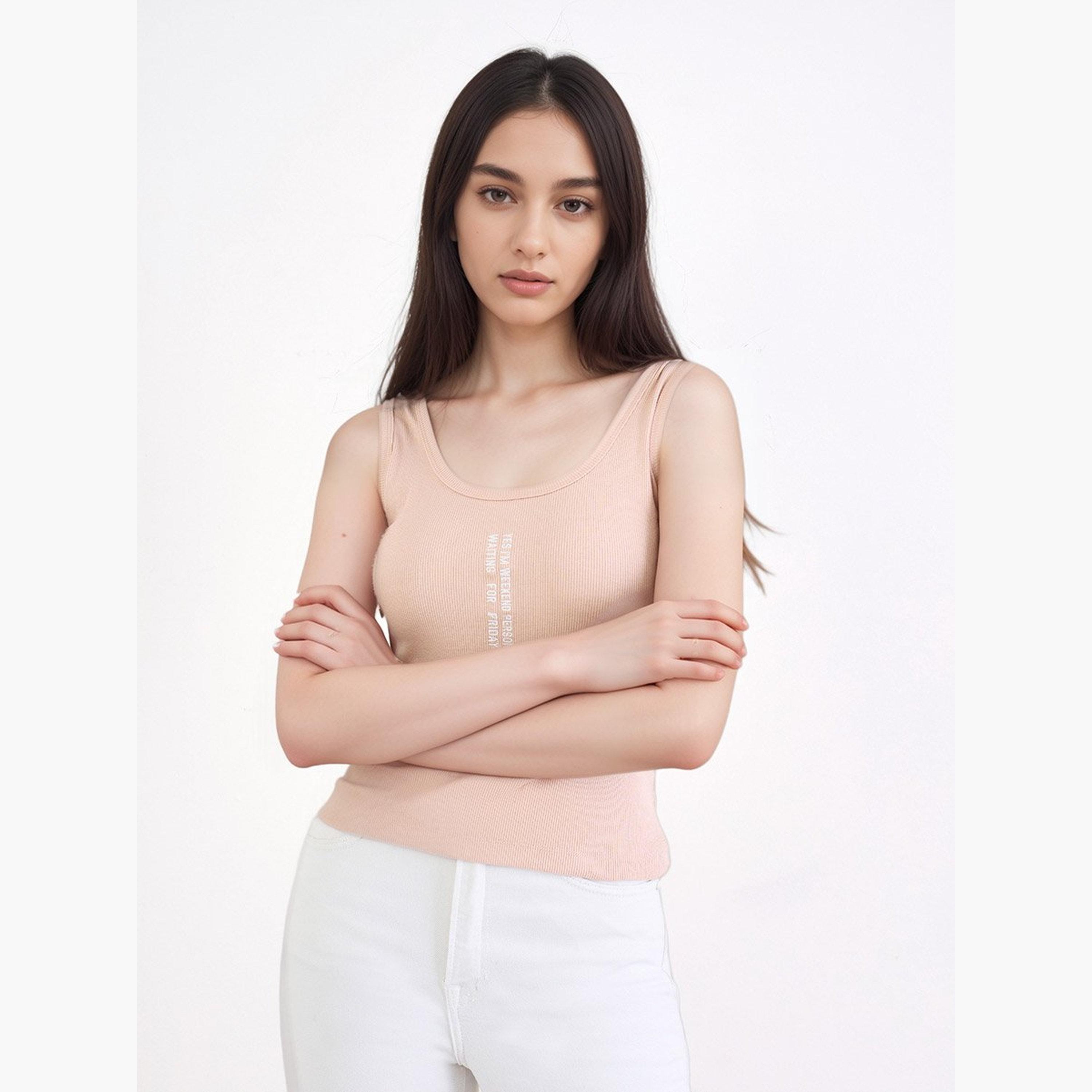 Styli Peach Fitted Embroidered Tank-women-clothing-tshirts-image-3