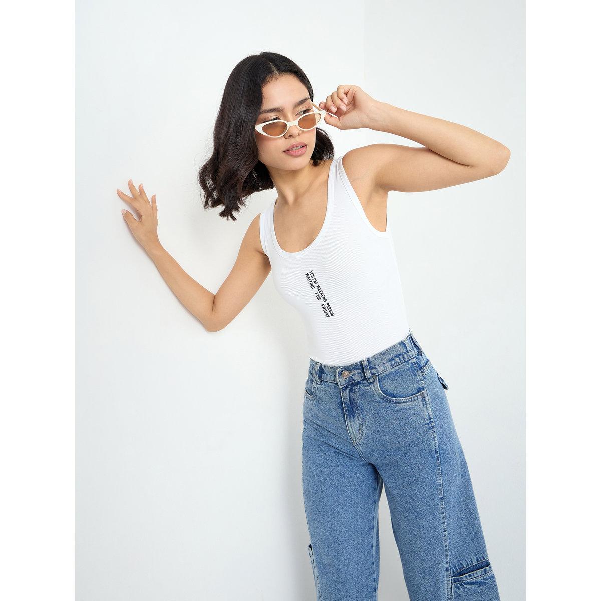Styli White Fitted Embroidered Tank-women-clothing-tshirts-image-1