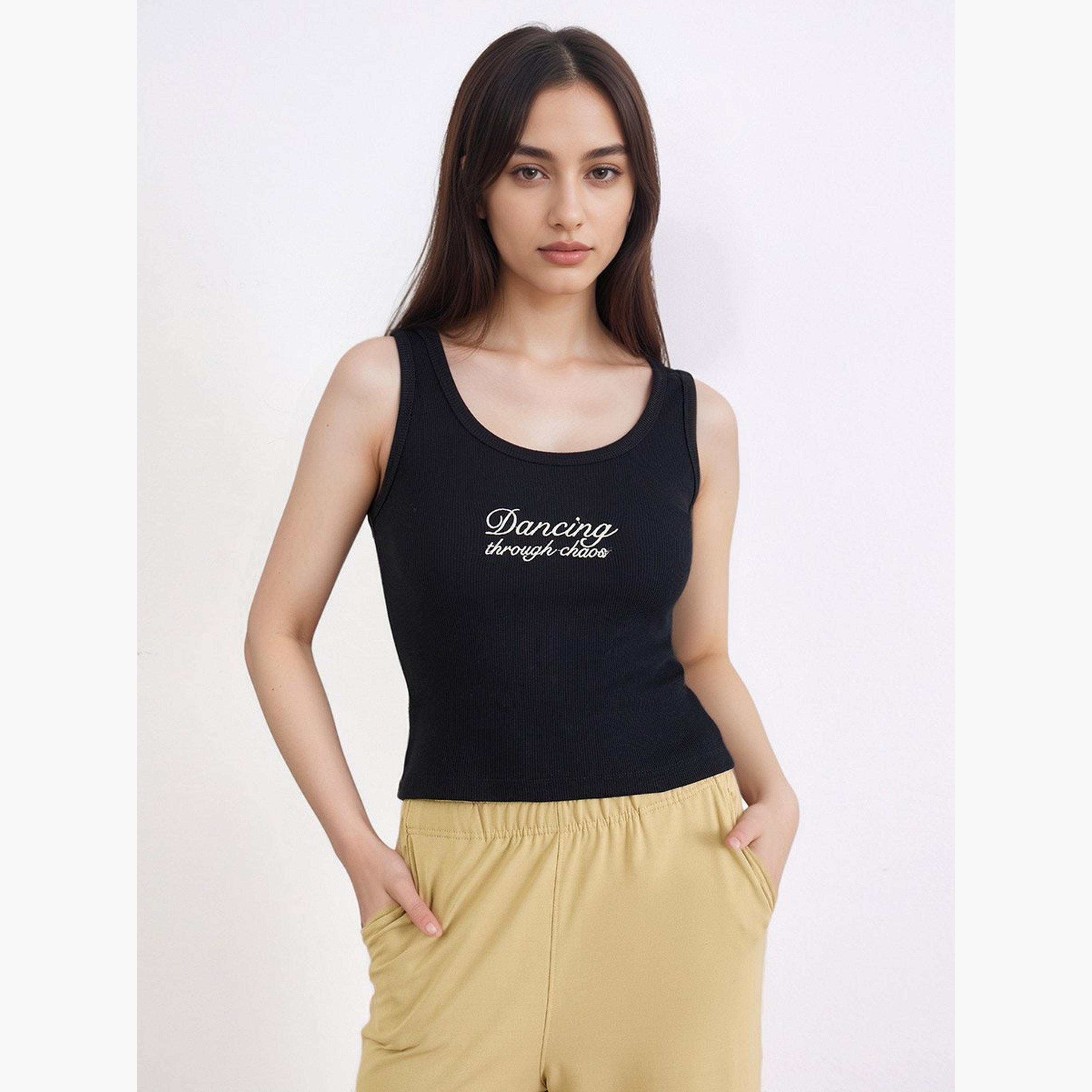 Styli Black Fitted Embroidered Tank-women-clothing-tshirts-image-1