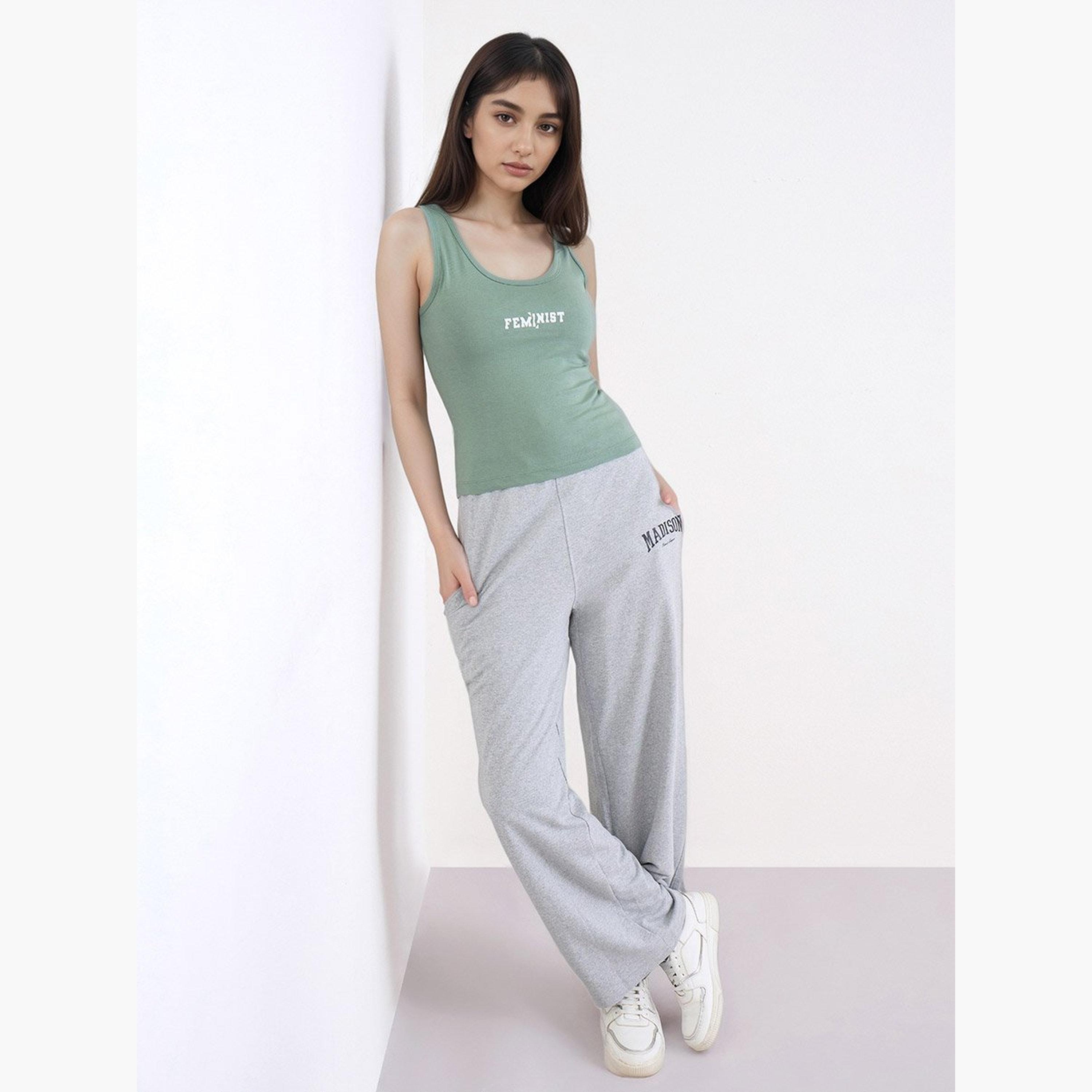 Styli Green Fitted Tank with Slogan Print-women-clothing-tshirts-image-2