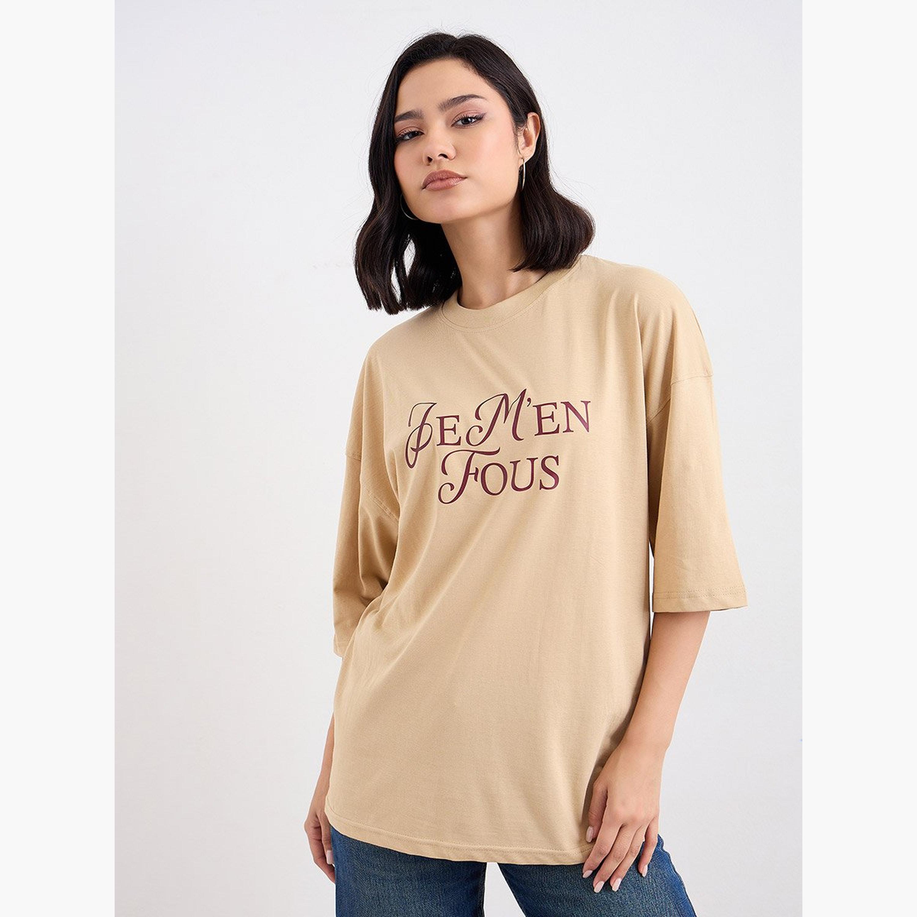 Styli Brown Dropped Shoulder Oversized T-Shirt-women-clothing-tshirts-image-1