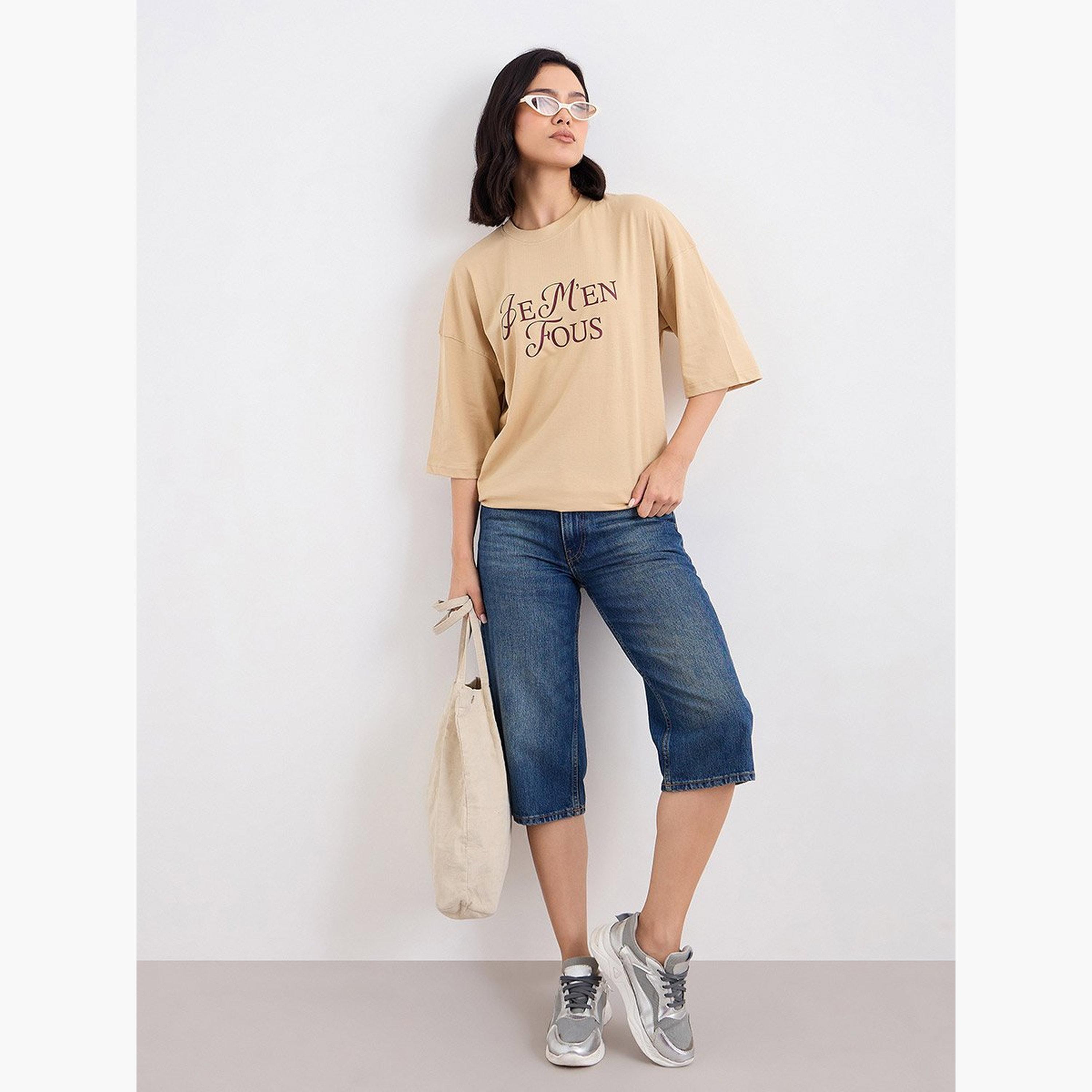 Styli Brown Dropped Shoulder Oversized T-Shirt-women-clothing-tshirts-image-2