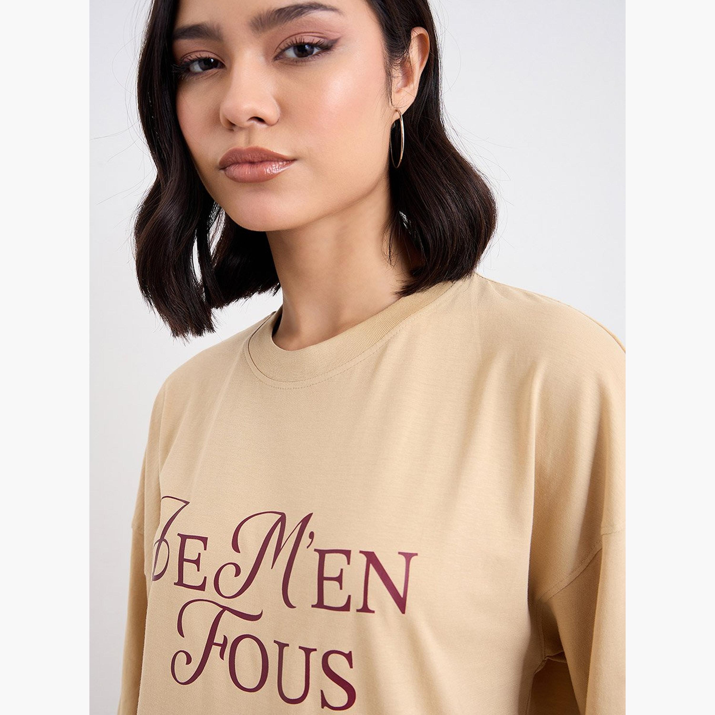Styli Brown Dropped Shoulder Oversized T-Shirt-women-clothing-tshirts-image-3