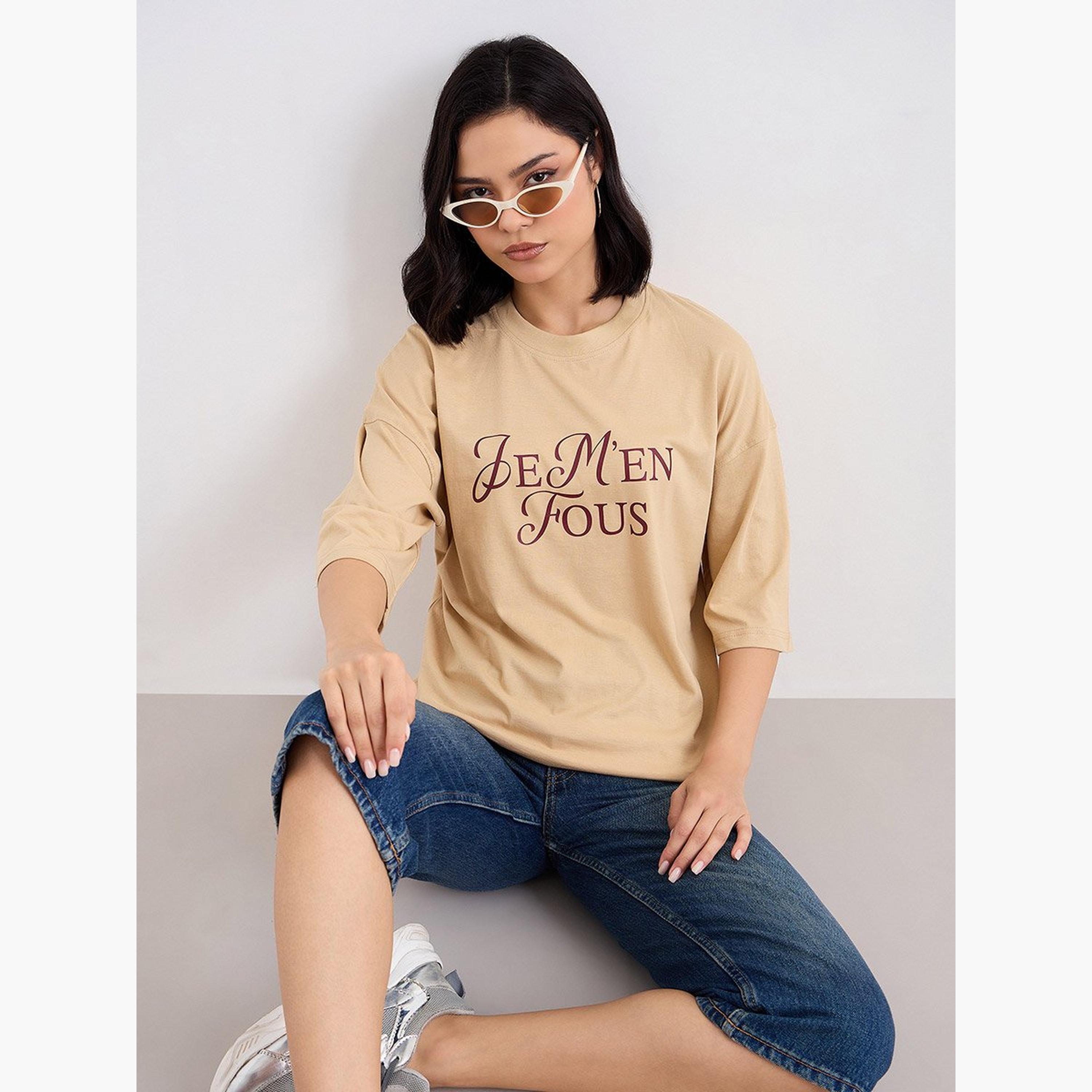 ستايلي - تي شيرت بني واسع الكتفين-women-clothing-tshirts-image-5