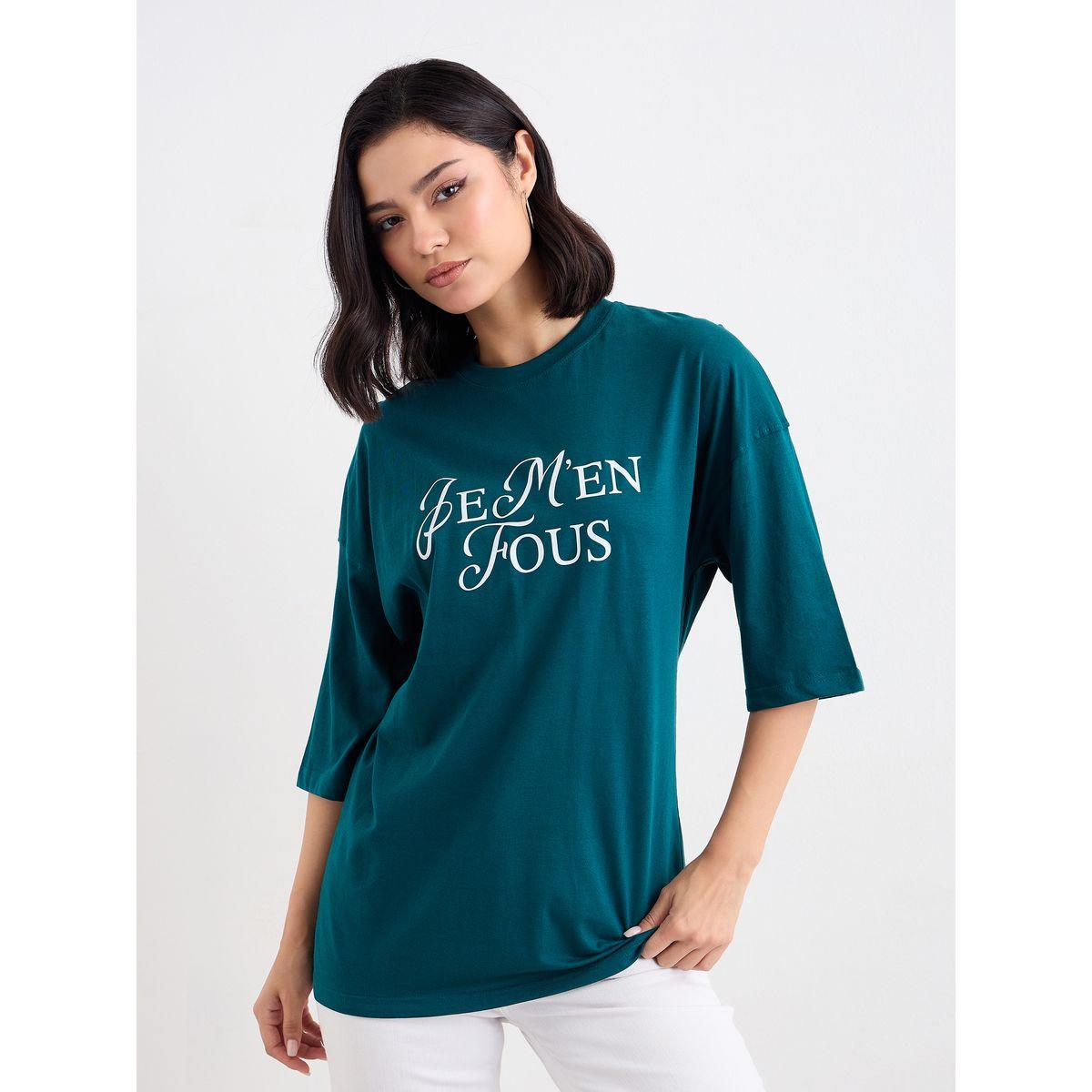 Styli Dark Green Dropped Shoulder Oversized T-Shirt-women-clothing-tshirts-image-2