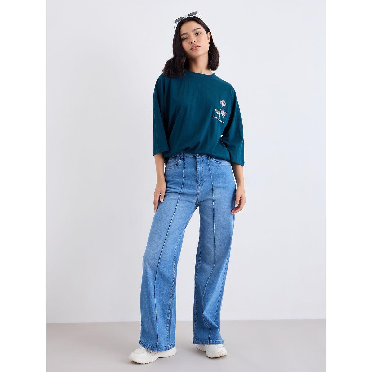 Styli Women Dark Green Exaggerated Shoulder Oversized T-Shirt-women-clothing-tshirts-image-1