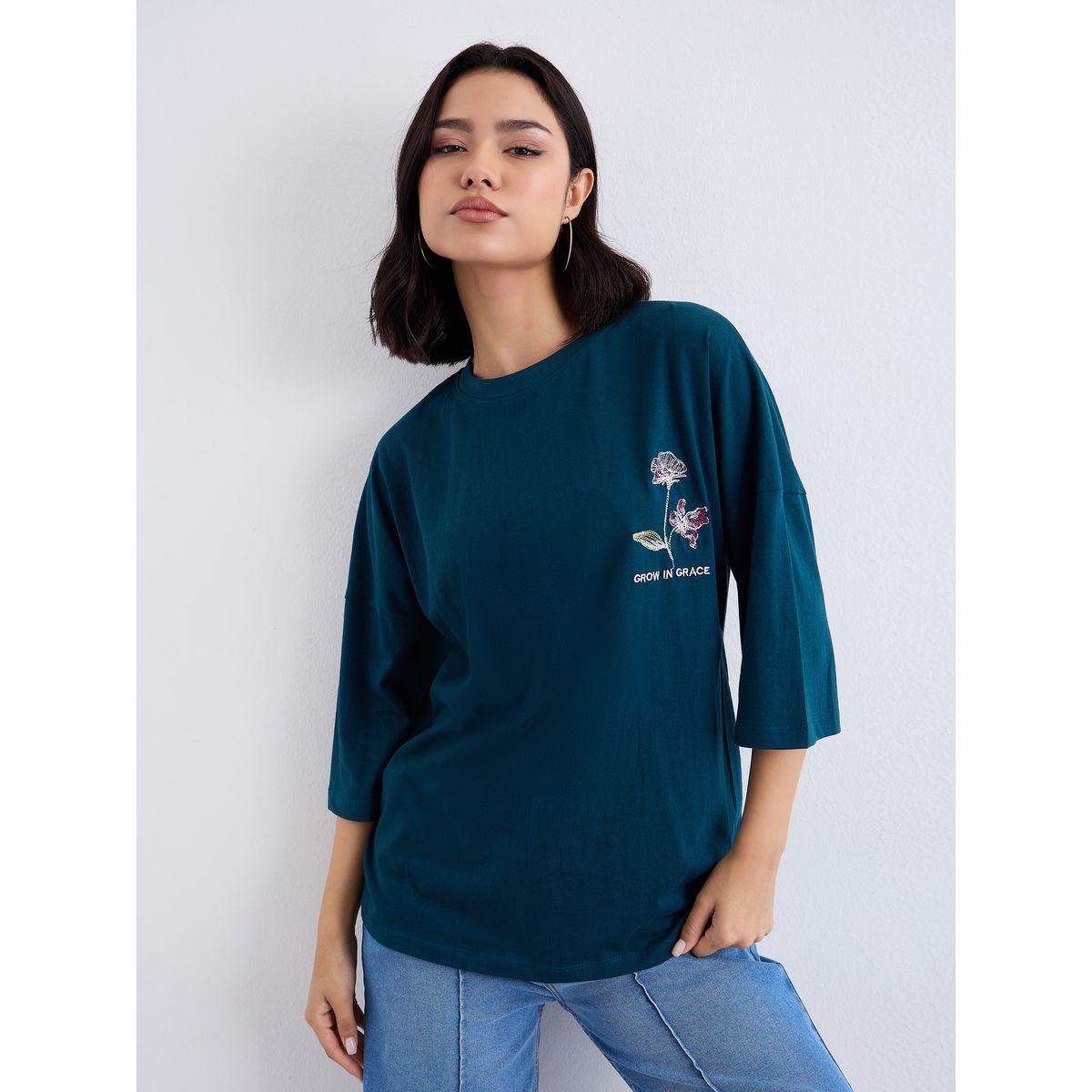 Styli Women Dark Green Exaggerated Shoulder Oversized T-Shirt-women-clothing-tshirts-image-2