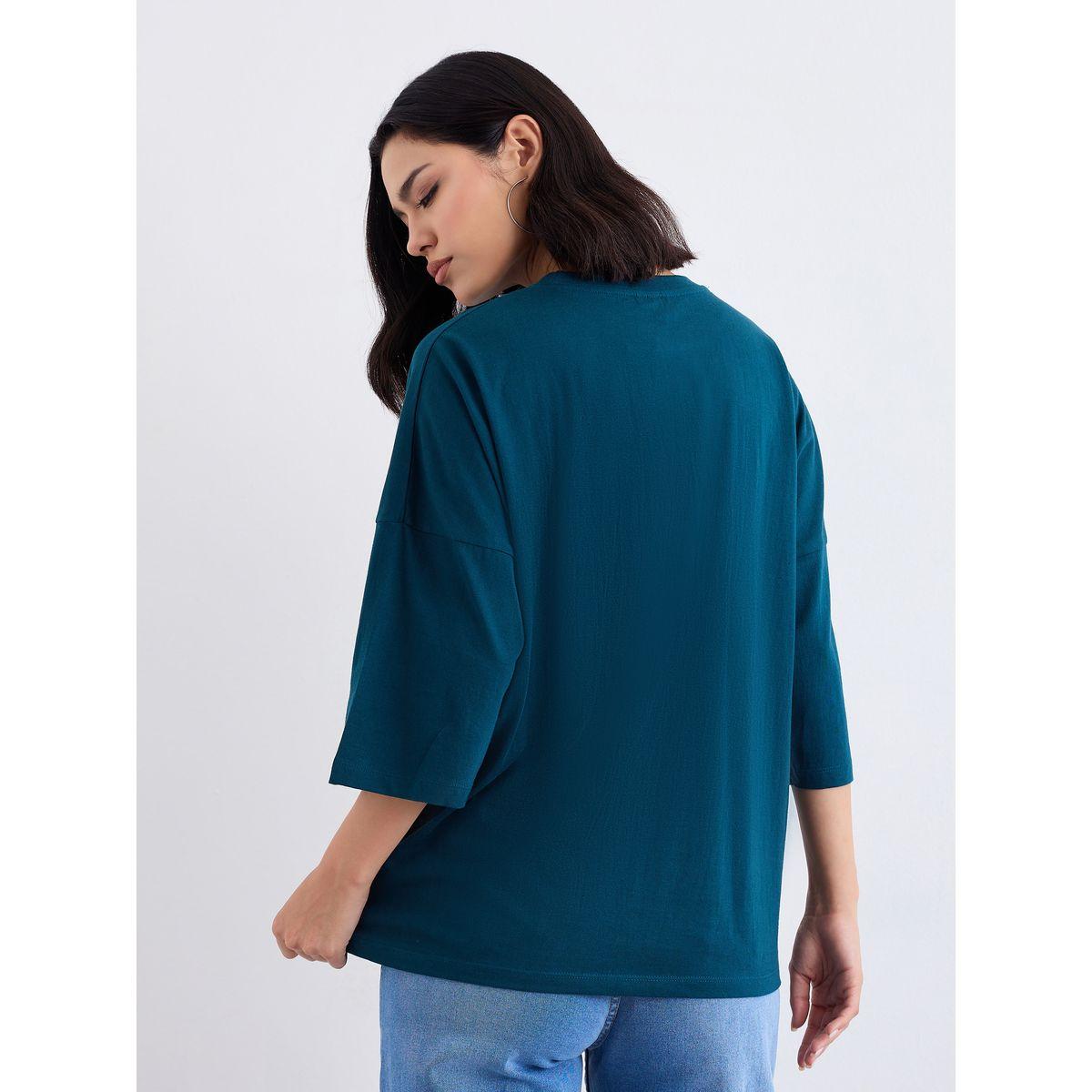Styli Women Dark Green Exaggerated Shoulder Oversized T-Shirt-women-clothing-tshirts-image-4