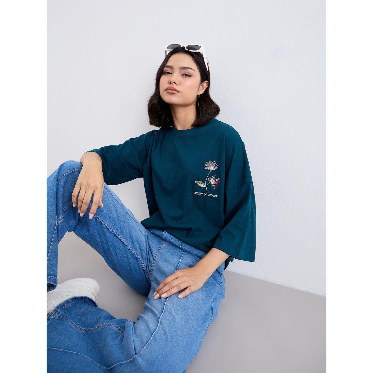 Styli Women Dark Green Exaggerated Shoulder Oversized T-Shirt-women-clothing-tshirts-image-5