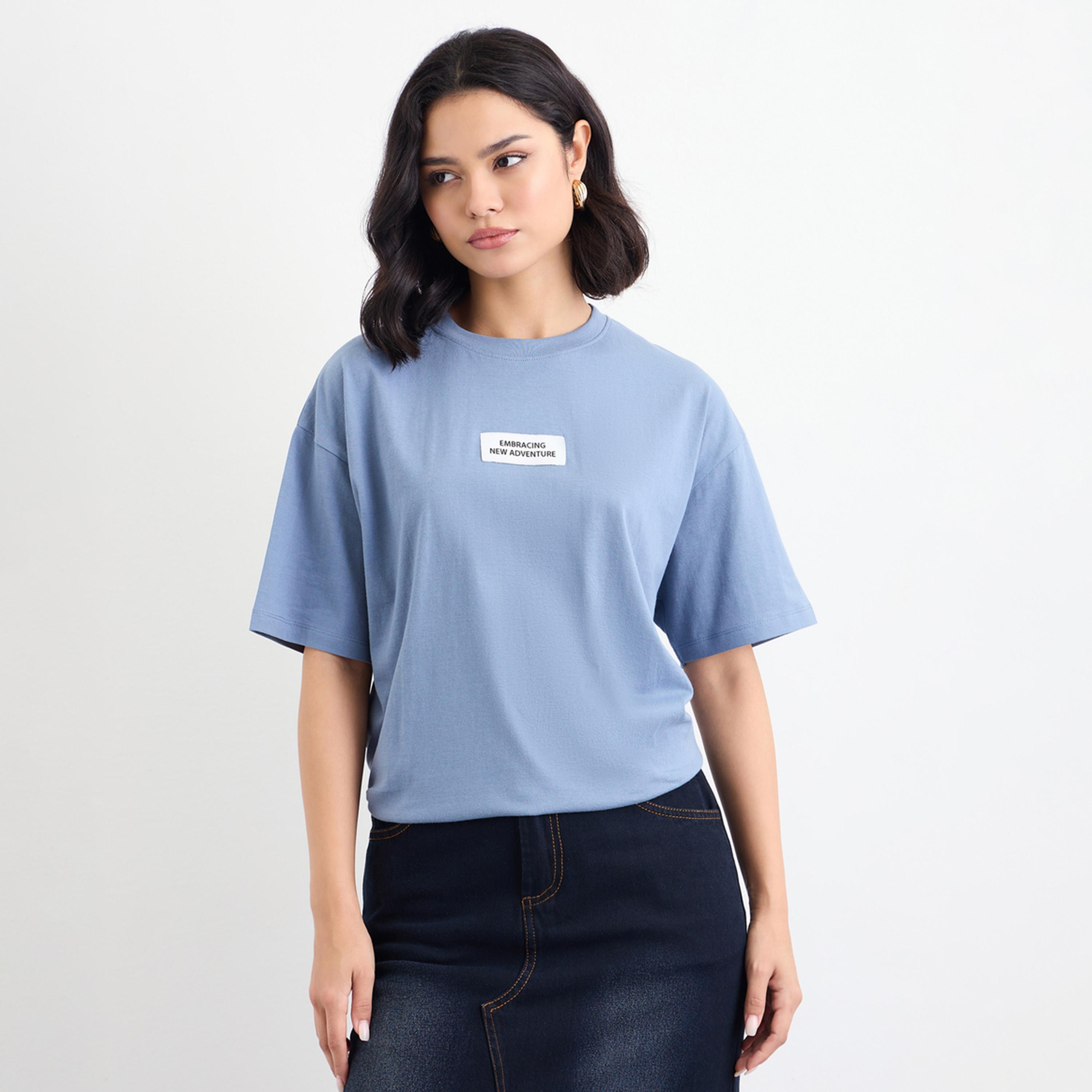 Styli Blue Oversized T-Shirt with Badge Detail-women-clothing-tshirts-image-1