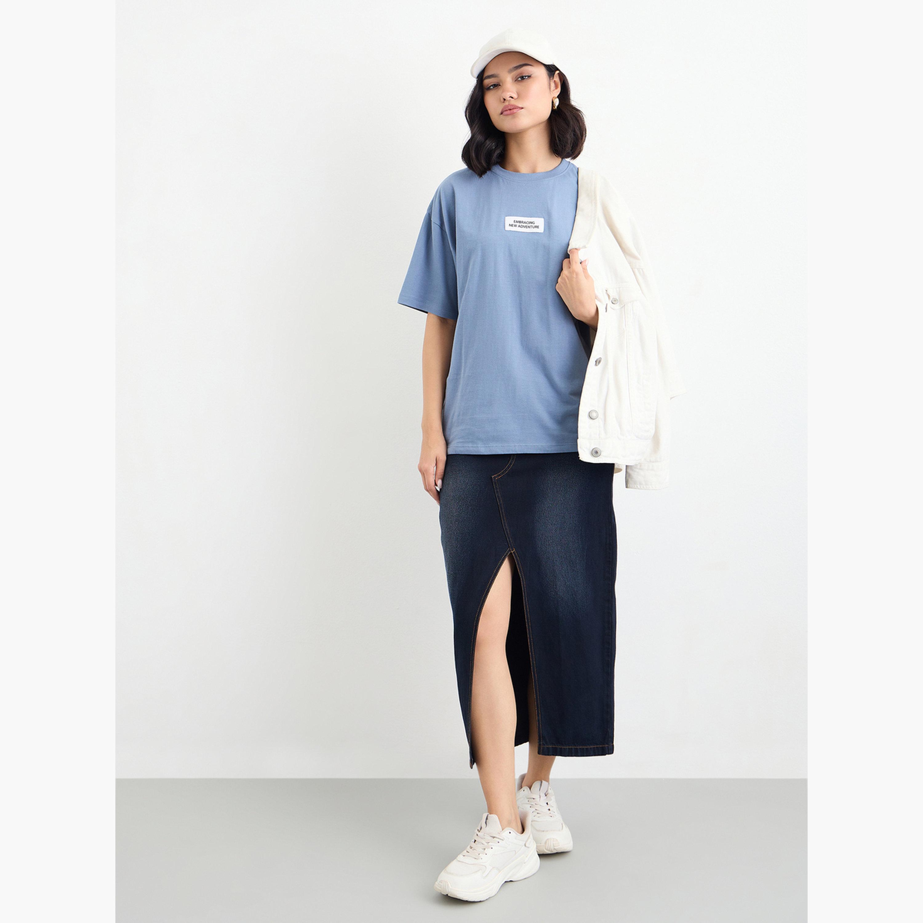 Styli Blue Oversized T-Shirt with Badge Detail-women-clothing-tshirts-image-2