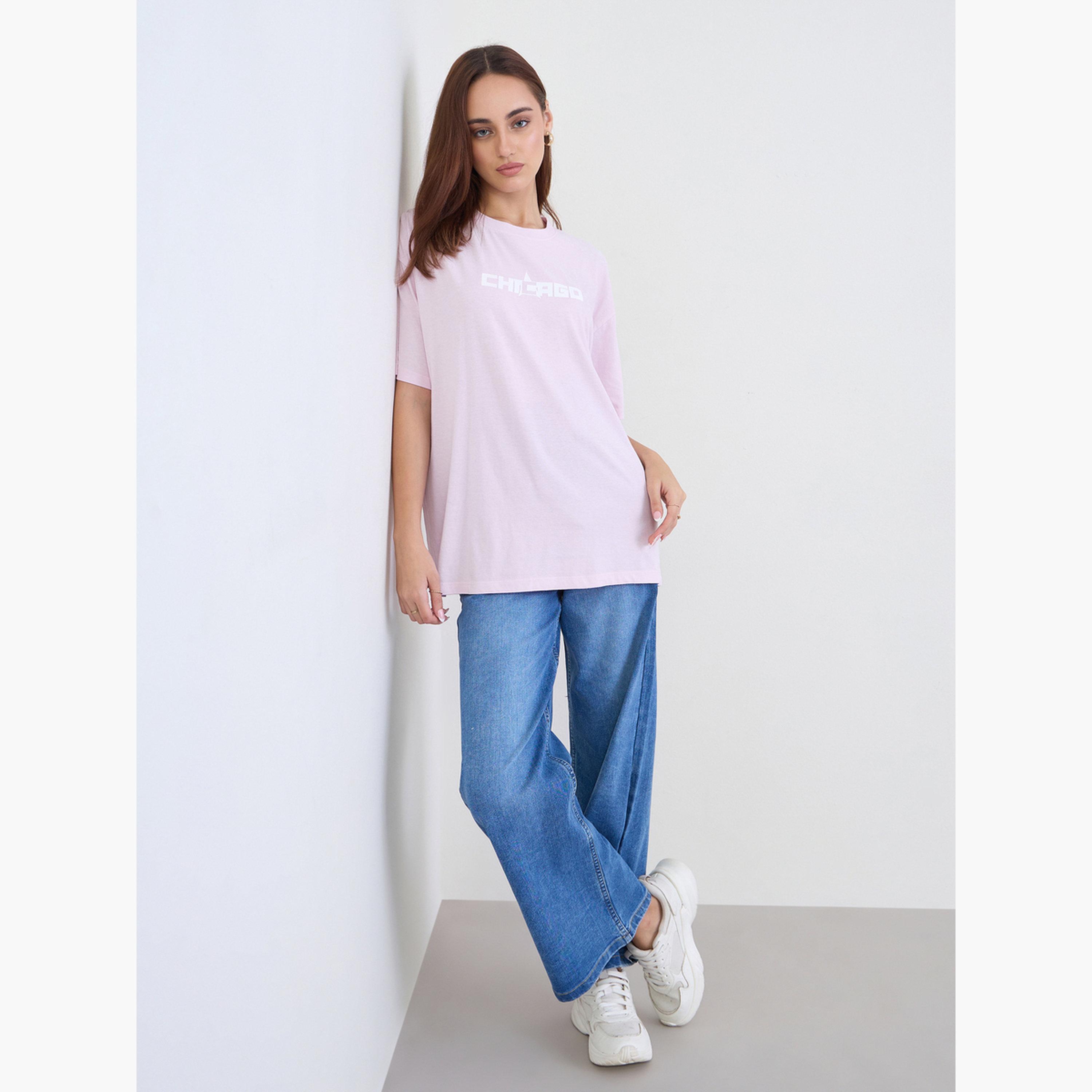 ستايلي - تي شيرت نسائي وردي كبير الحجم مغسول بالأحماض-women-clothing-tshirts-image-2