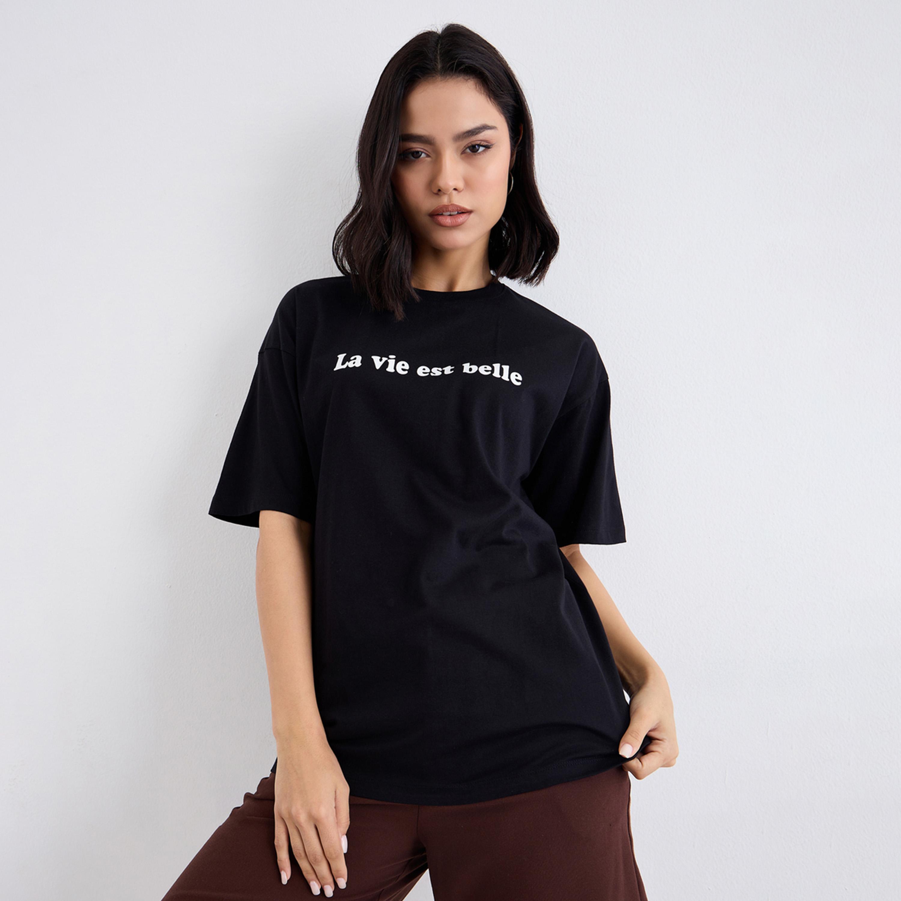 Styli Black Slogan Print Oversized T-Shirt-women-clothing-tshirts-image-1