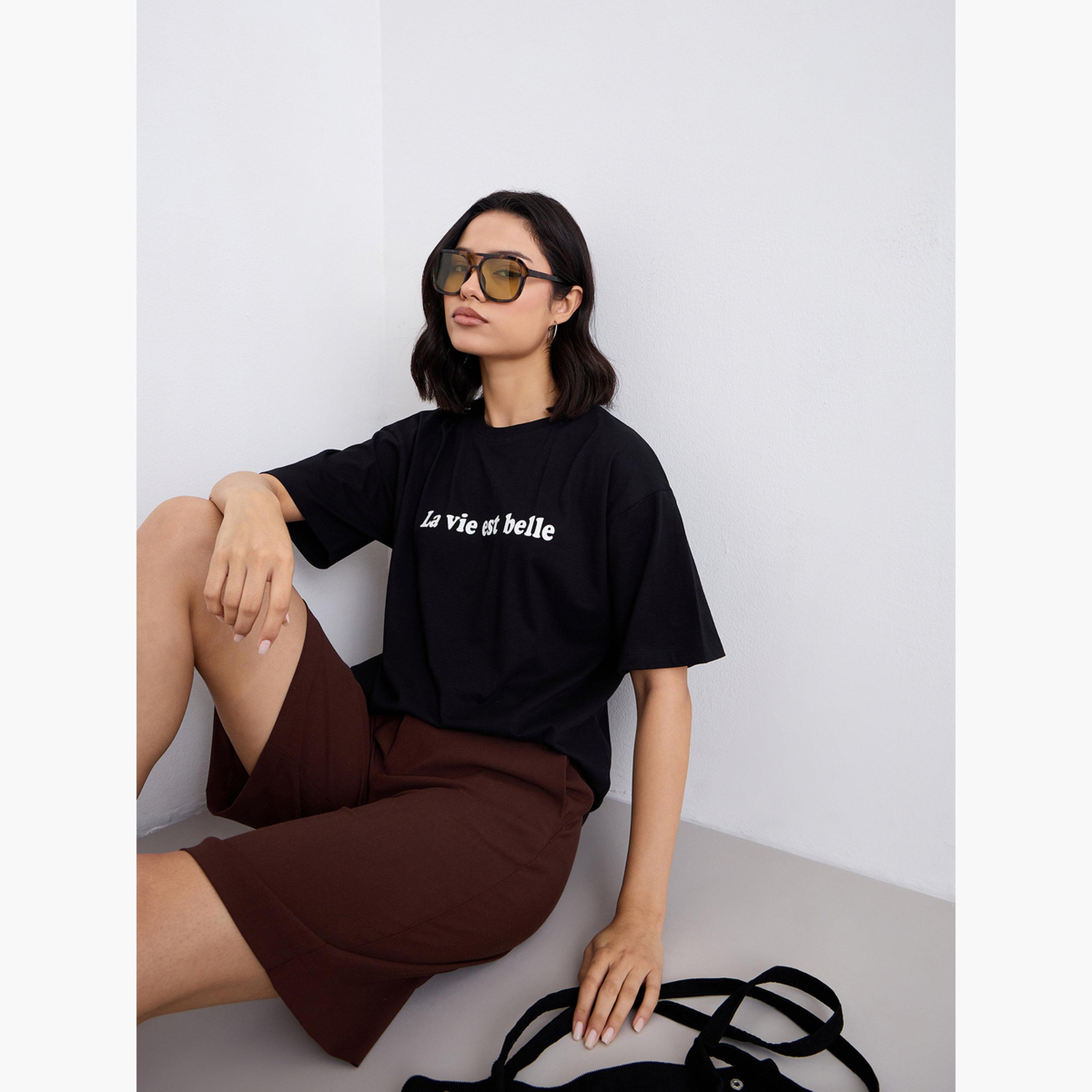 Styli Black Slogan Print Oversized T-Shirt-women-clothing-tshirts-image-3