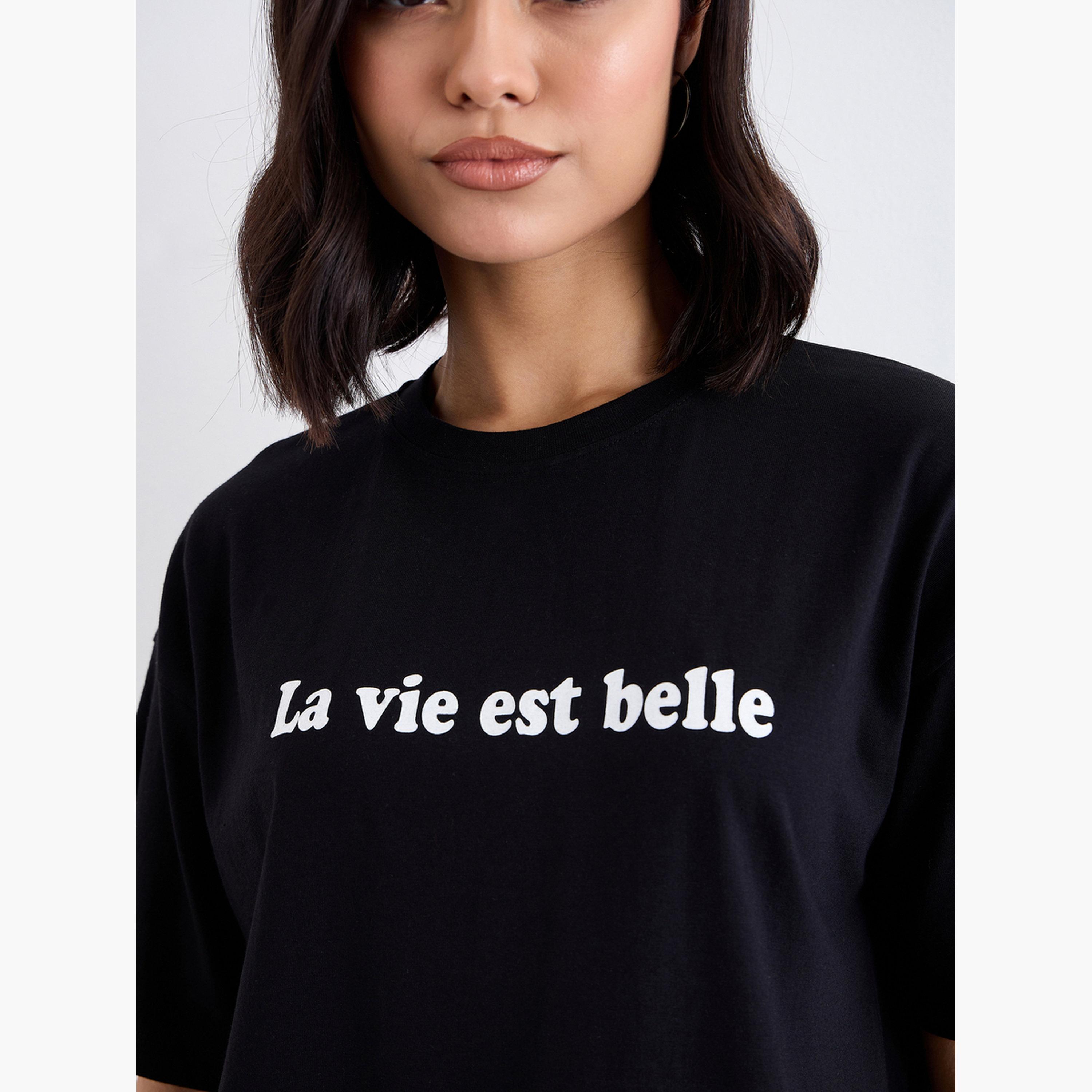 Styli Black Slogan Print Oversized T-Shirt-women-clothing-tshirts-image-4
