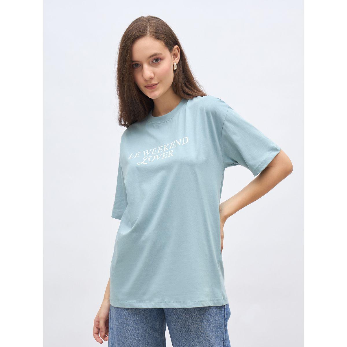 Styli Women Blue Slogan Print Oversized T-Shirt-women-clothing-tshirts-image-2