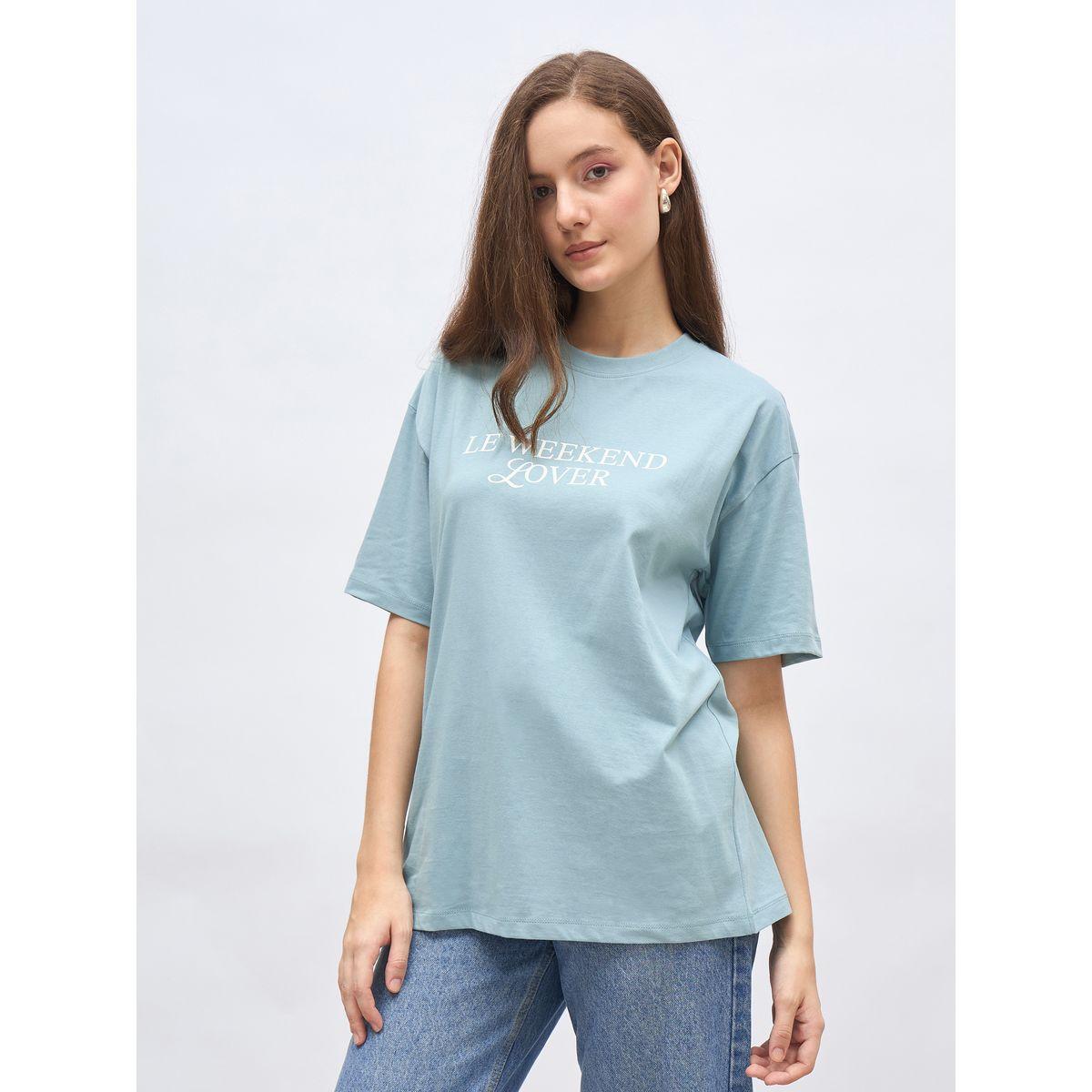 Styli Women Blue Slogan Print Oversized T-Shirt-women-clothing-tshirts-image-3