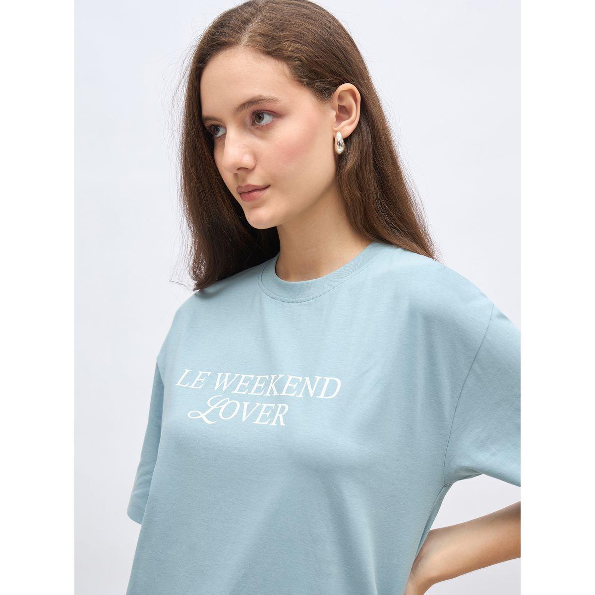 Styli Women Blue Slogan Print Oversized T-Shirt-women-clothing-tshirts-image-4