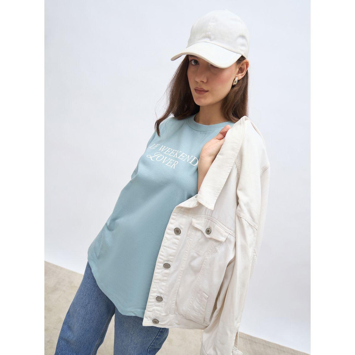 Styli Women Blue Slogan Print Oversized T-Shirt-women-clothing-tshirts-image-6