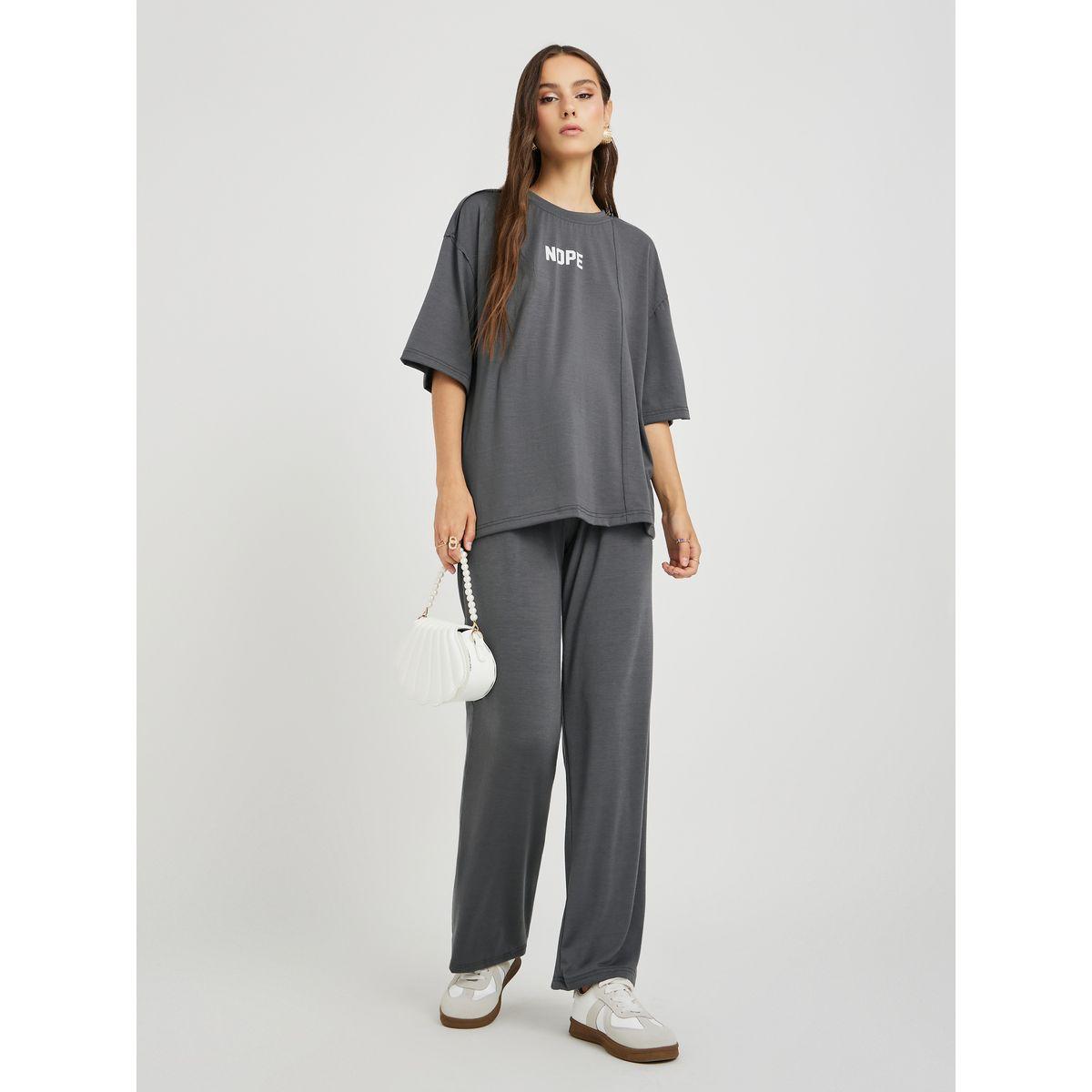 Styli Slogan Print Round Neck T-Shirt and Pants Co-Ords-women-clothing-coordsets-image-1