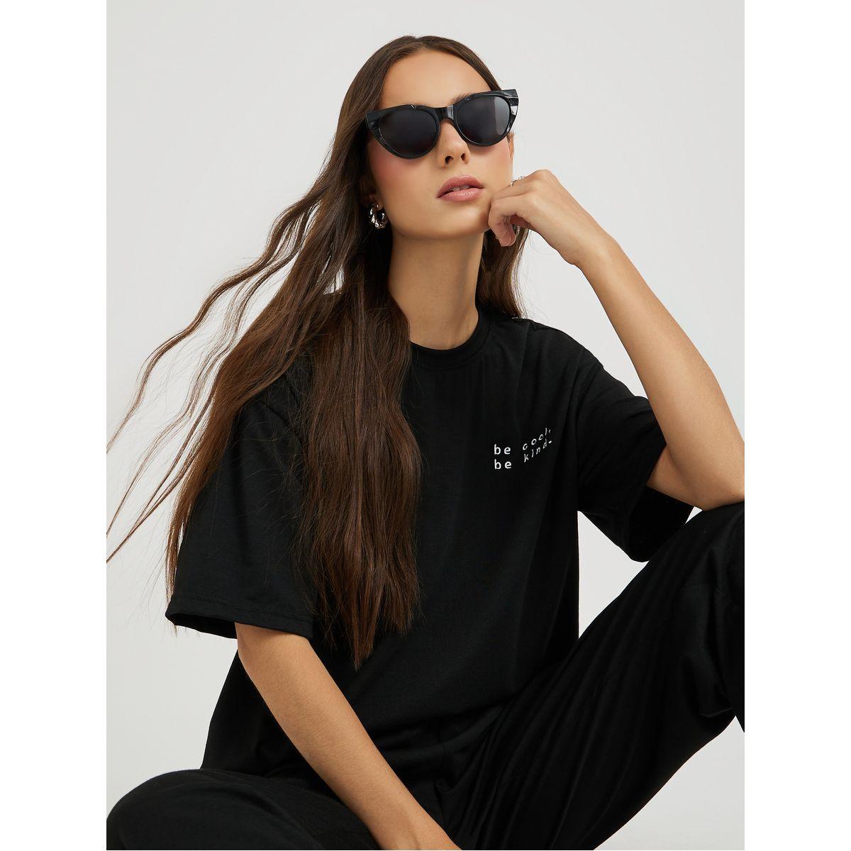 Styli Embroidered Slogan Round Neck T-Shirt and Pants Co-Ords-women-clothing-coordsets-image-1