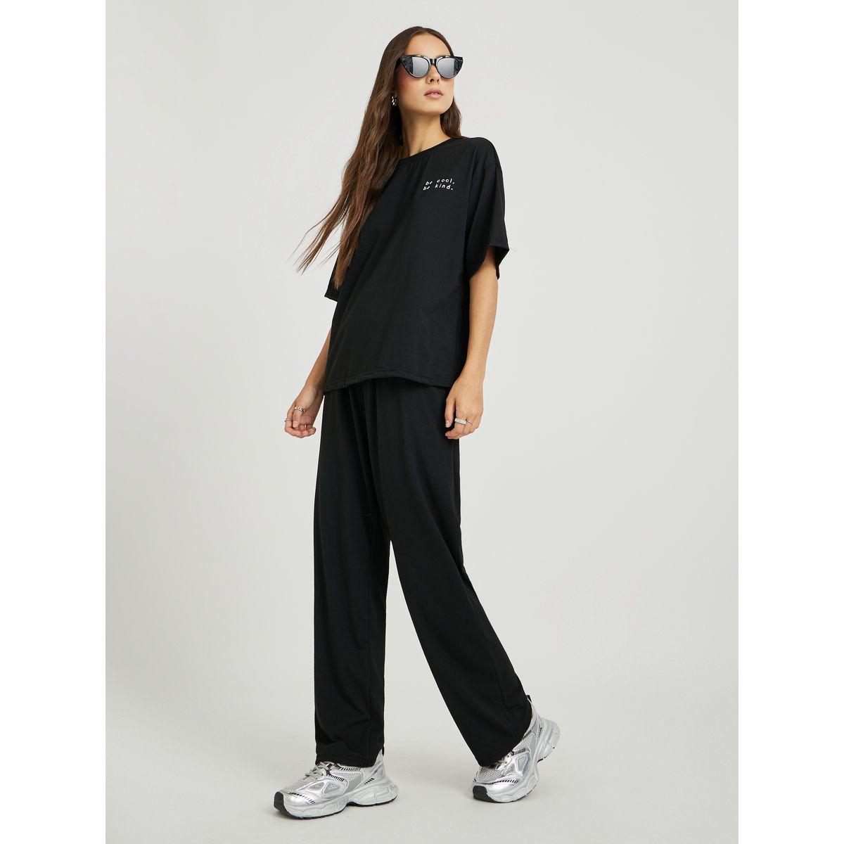 Styli Embroidered Slogan Round Neck T-Shirt and Pants Co-Ords-women-clothing-coordsets-image-2