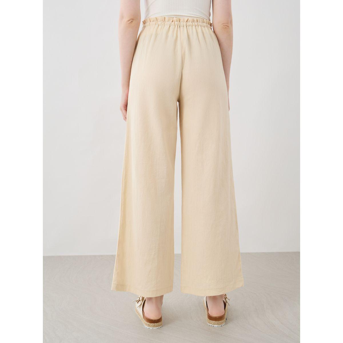 Styli Women Beige Solid Drawstring Waist Wide Leg Pants with Patch Pockets-women-clothing-bottoms-trousers-image-4
