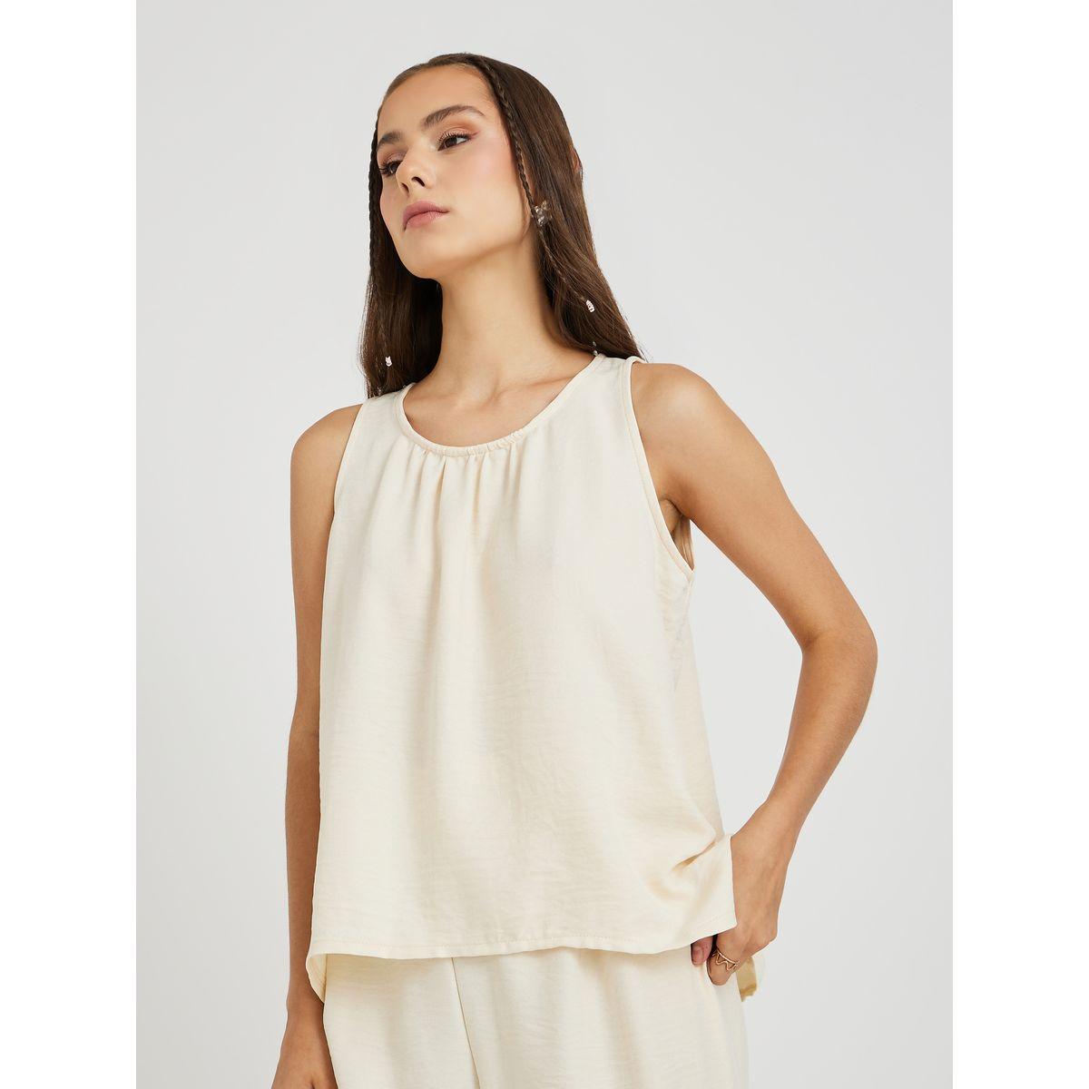 طقم منسق من بنطال سادة مع بلوزة سادة بلا أكمام-women-clothing-coordsets-image-2