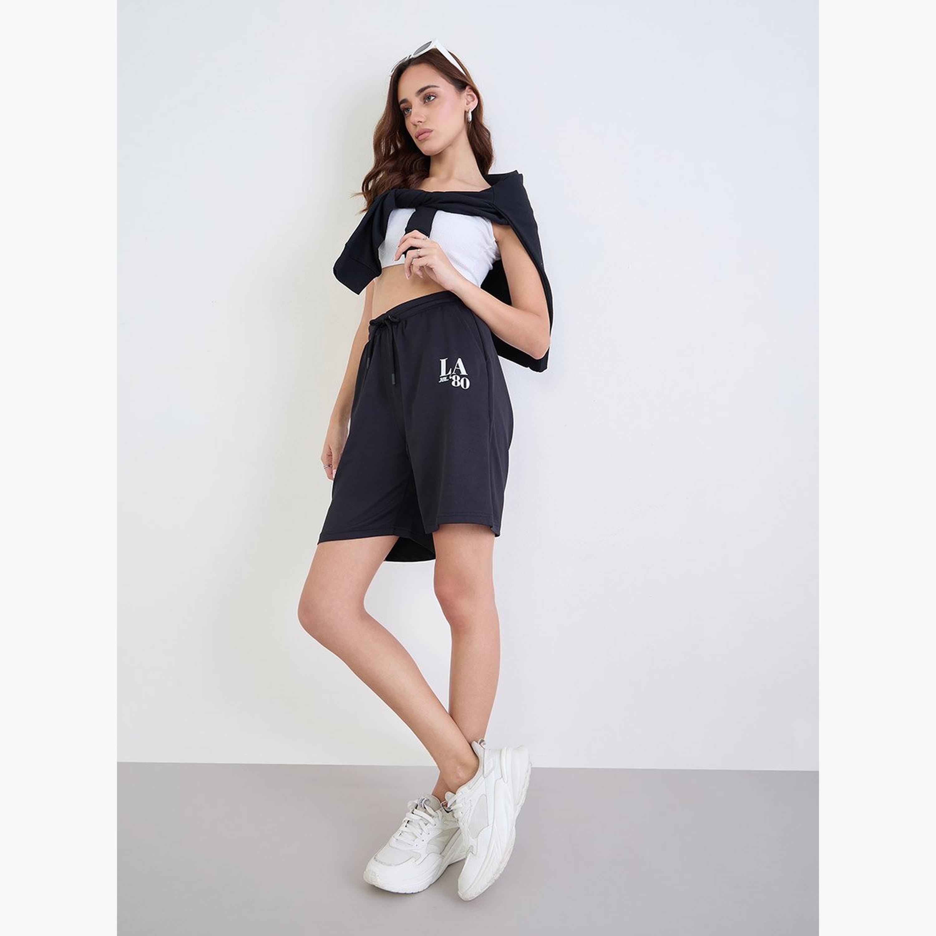 ستايلي - شورت للنساء مقاس كبير بطبعة جرافيكية لون أزرق البحري-women-clothing-bottoms-shorts-image-2