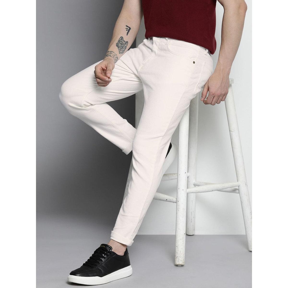 The Indian Garage Co Men Off White Mid Rise Carrot Fit Solid Jeans-men-clothing-bottoms-jeans-image-1