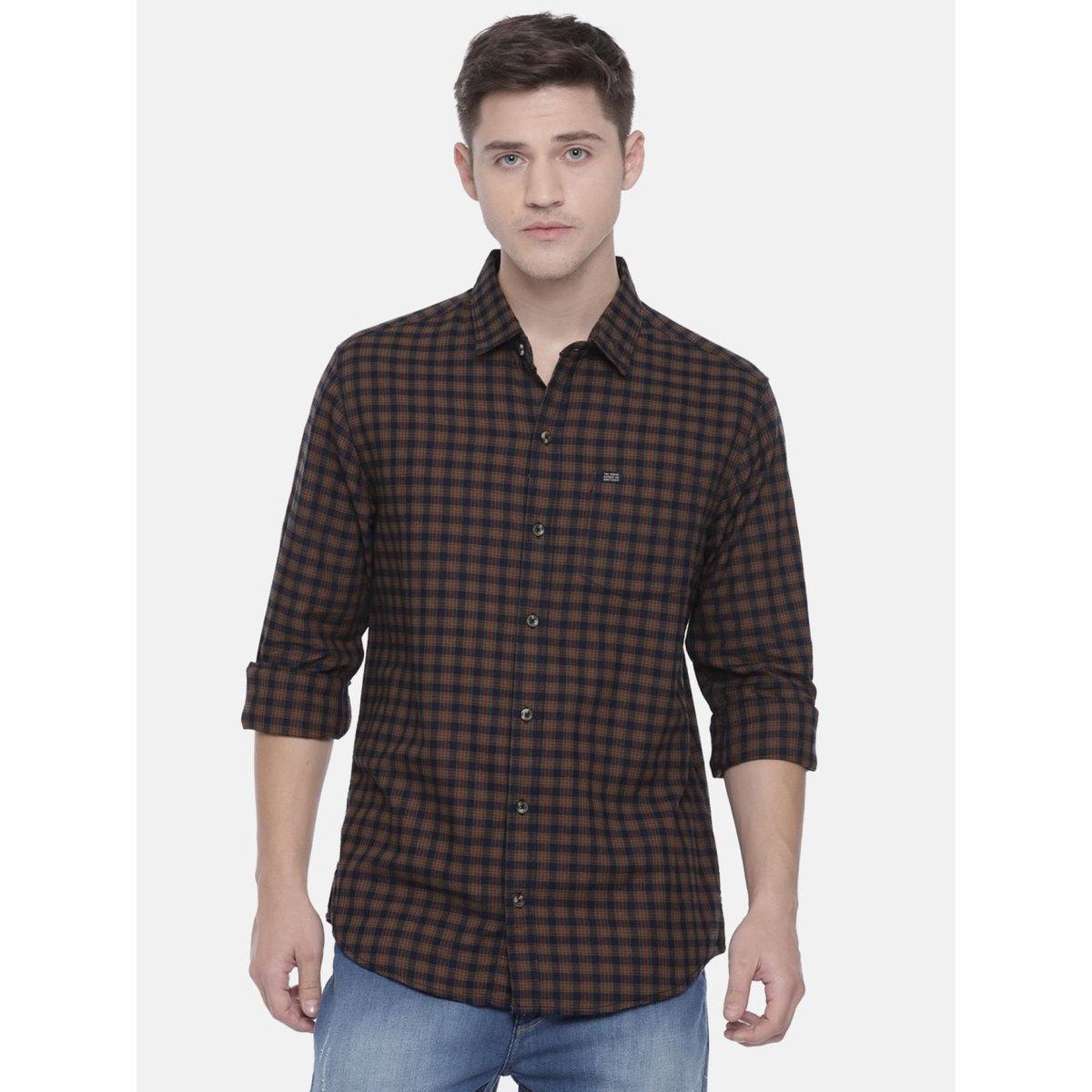 The Indian Garage Co Men Khaki Slim Fit Checked Casual Shirt-men-clothing-shirts-image-1