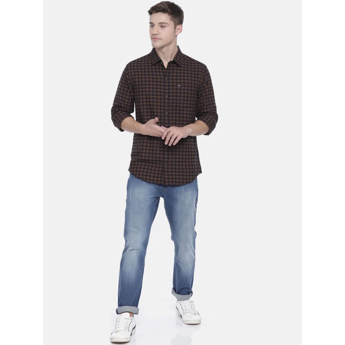 The Indian Garage Co Men Khaki Slim Fit Checked Casual Shirt-men-clothing-shirts-image-4