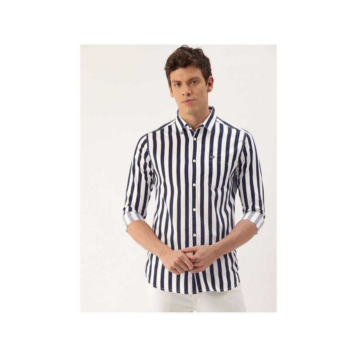 The Indian Garage Co Men Navy Blue Slim Fit Striped Casual Shirt-men-clothing-shirts-image-1