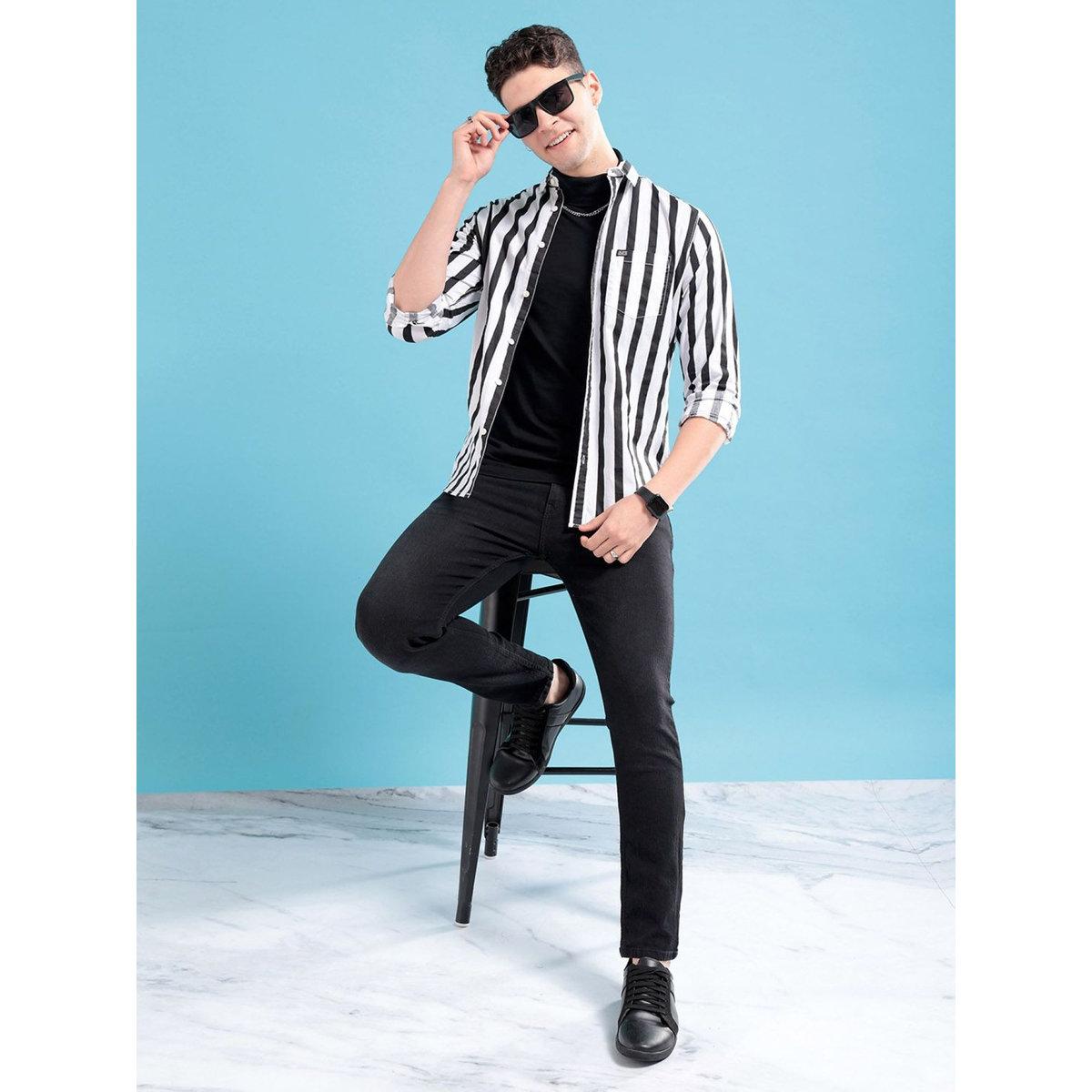 The Indian Garage Co Men Black Slim Fit Striped Casual Shirt-men-clothing-shirts-image-4