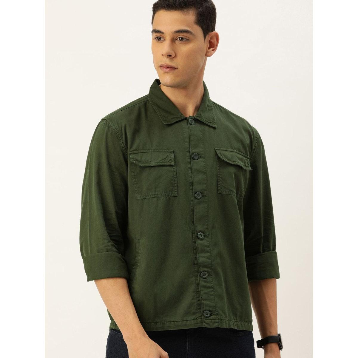 The Indian Garage Co Men Olive Boxy Fit Casual Shirt with Flap Pocket-men-clothing-shirts-image-1