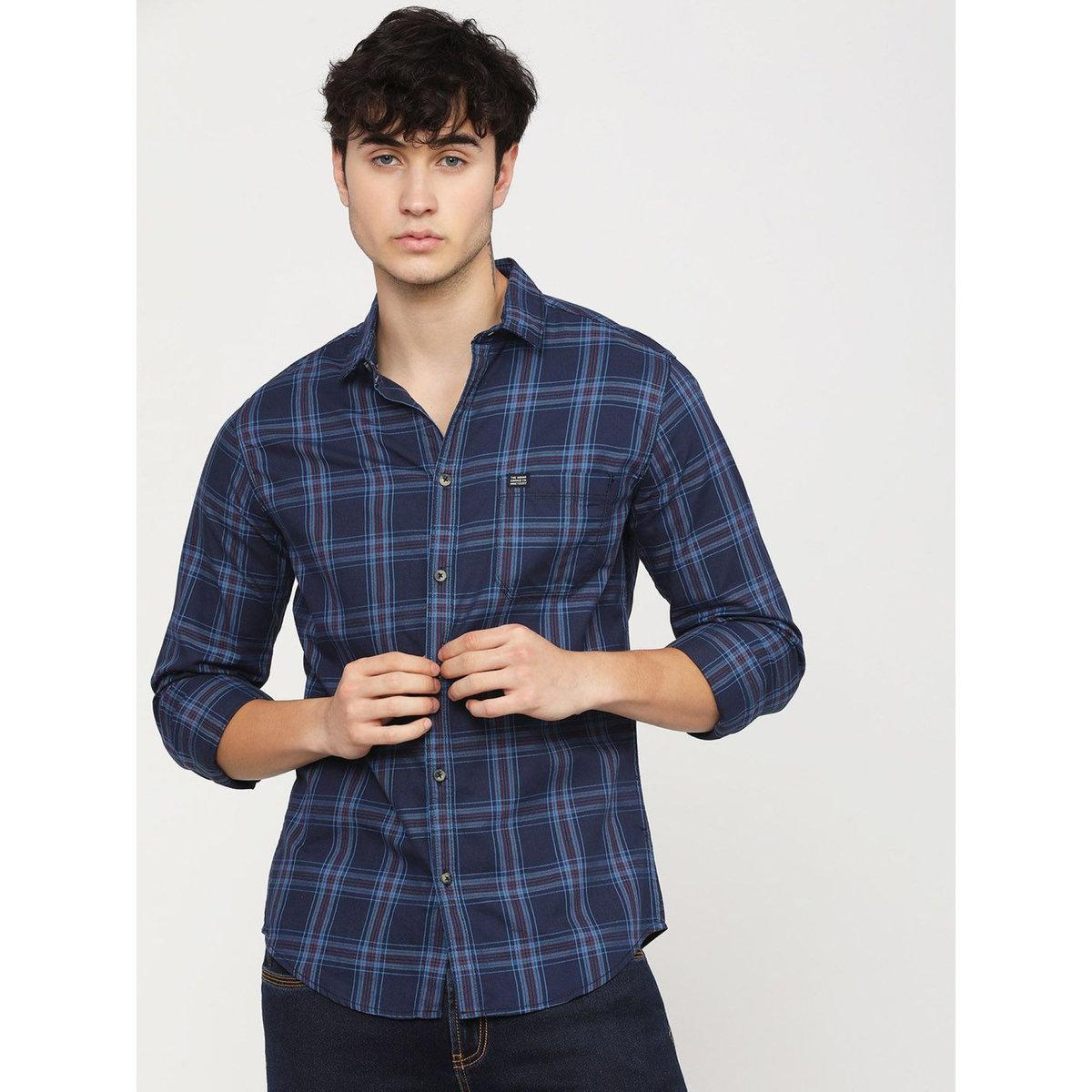The Indian Garage Co Men Navy Blue Slim Fit Checked Casual Shirt-men-clothing-shirts-image-1