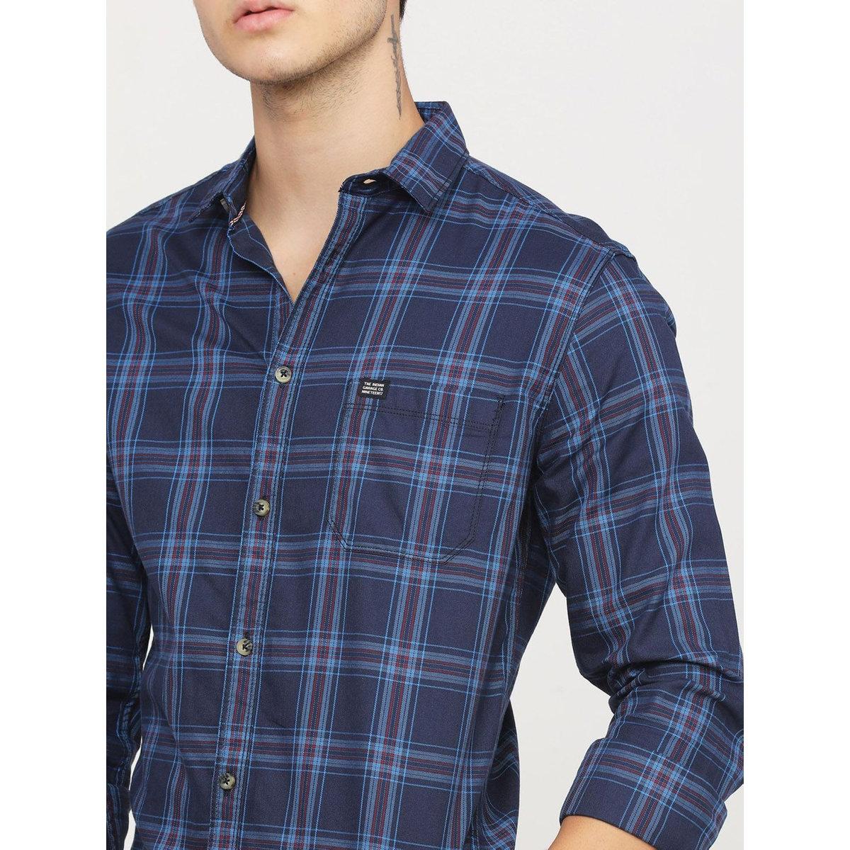 The Indian Garage Co Men Navy Blue Slim Fit Checked Casual Shirt-men-clothing-shirts-image-2