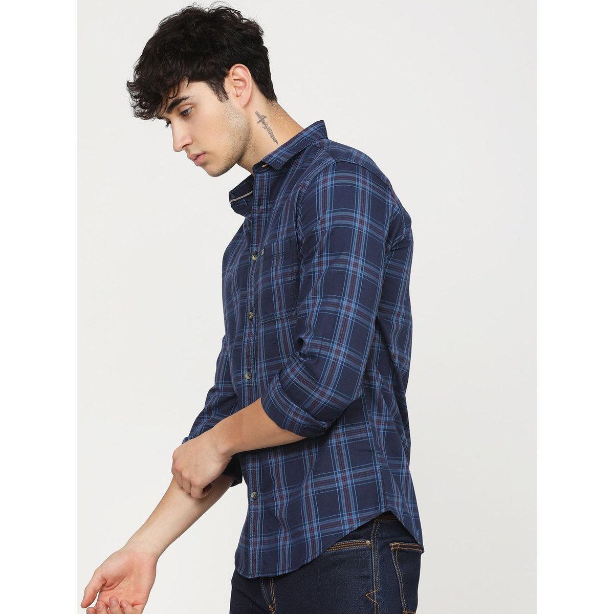 The Indian Garage Co Men Navy Blue Slim Fit Checked Casual Shirt-men-clothing-shirts-image-3