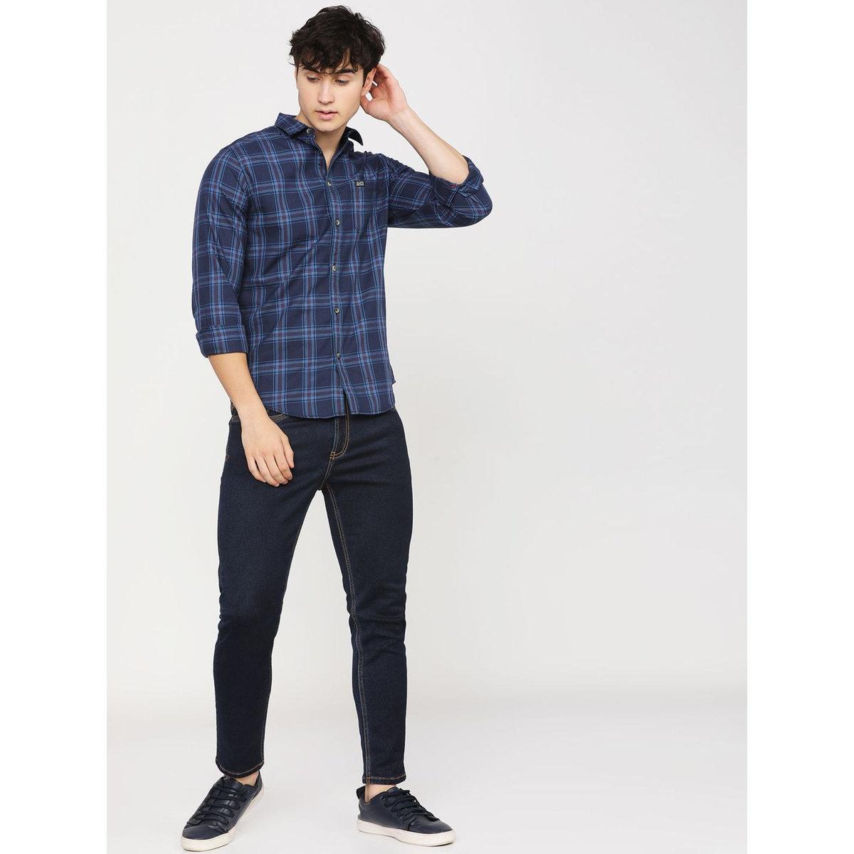 The Indian Garage Co Men Navy Blue Slim Fit Checked Casual Shirt-men-clothing-shirts-image-4