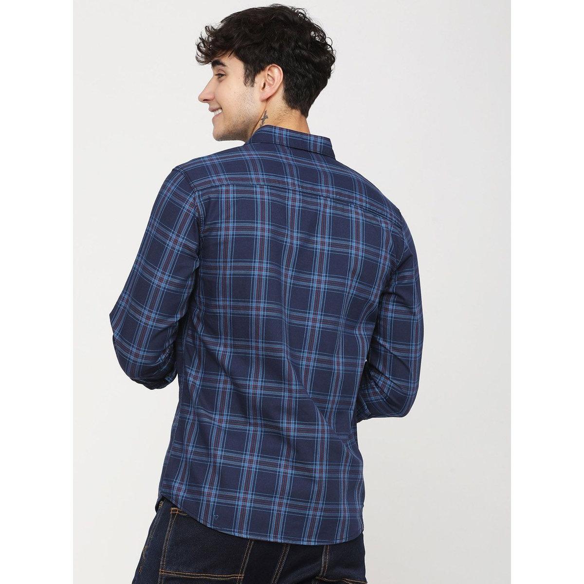 The Indian Garage Co Men Navy Blue Slim Fit Checked Casual Shirt-men-clothing-shirts-image-5