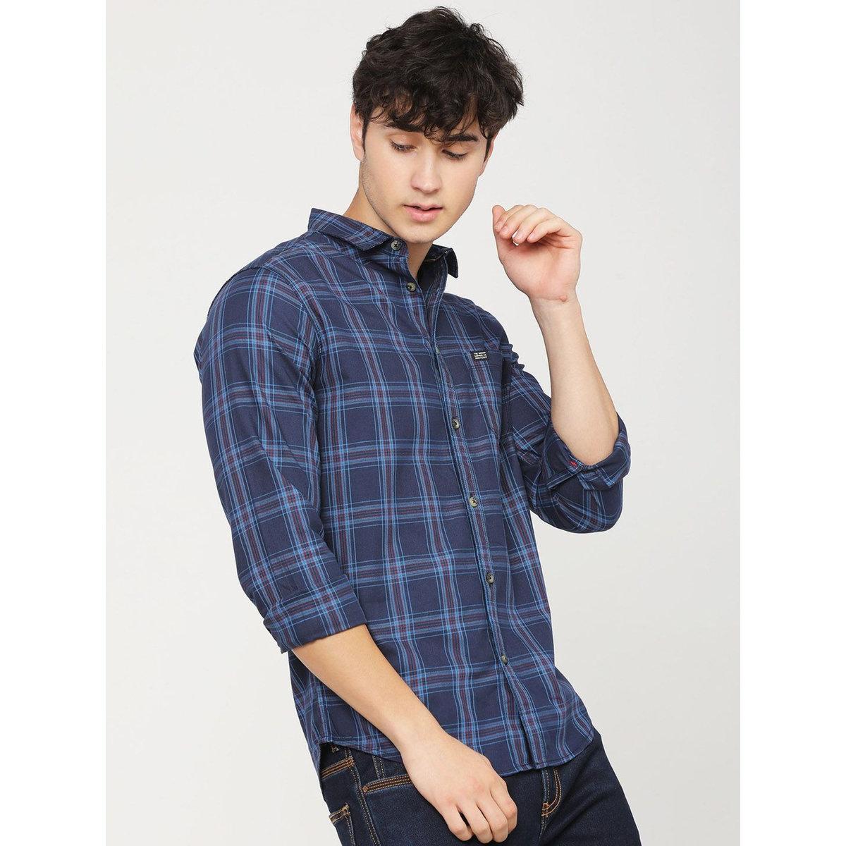The Indian Garage Co Men Navy Blue Slim Fit Checked Casual Shirt-men-clothing-shirts-image-6