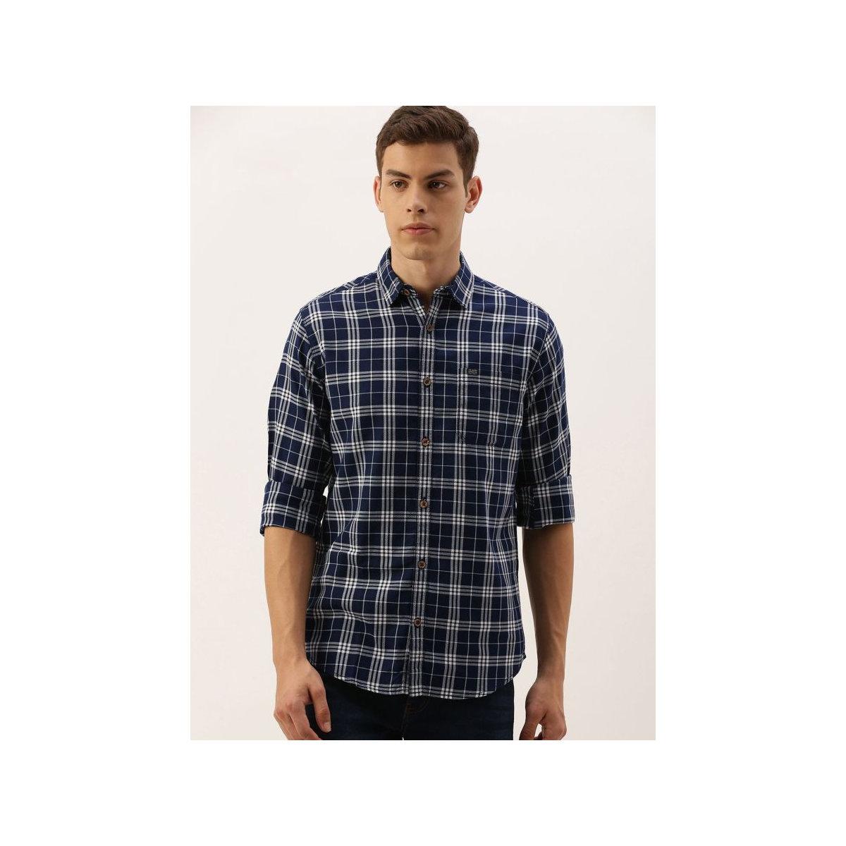The Indian Garage Co Men Navy Blue Slim Fit Checked Casual Shirt-men-clothing-shirts-image-1
